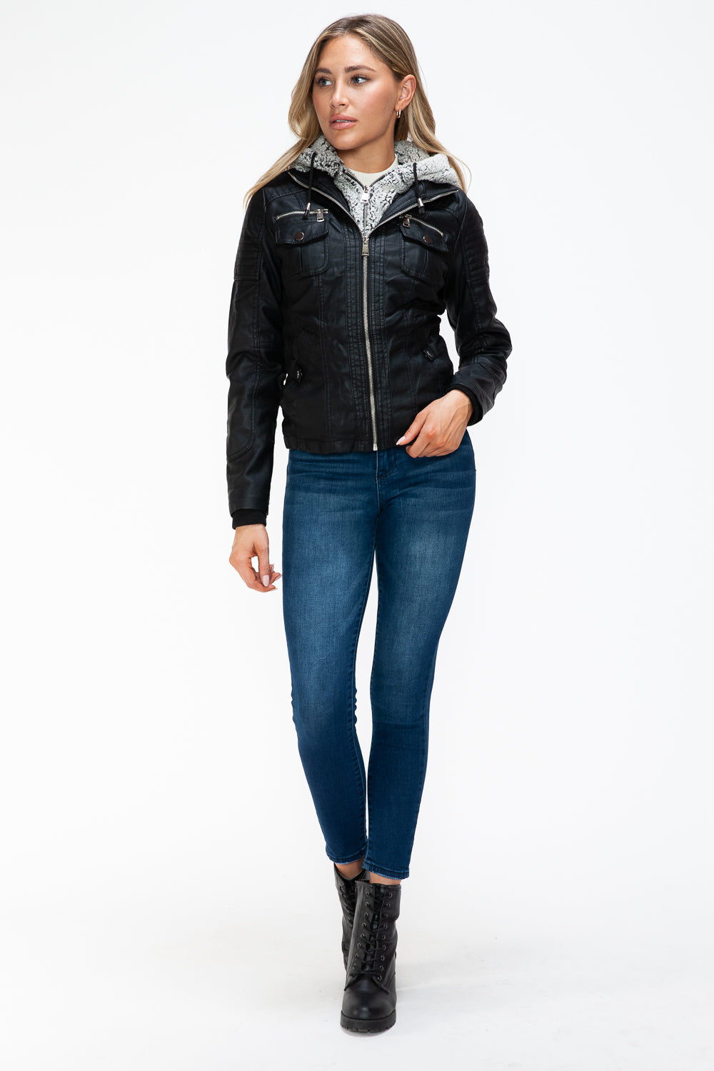 YMI Removable Faux Layered Multi-Pocket Jacket with Fuzzy Hood Trendsi
