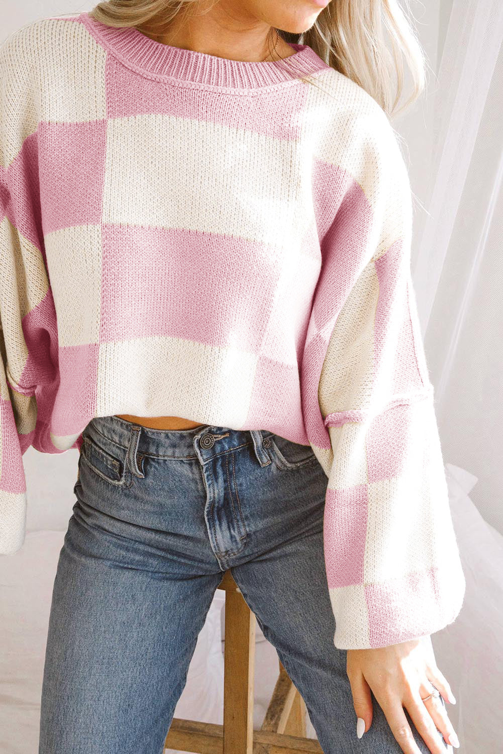 Pink Checkered Bishop Sleeve Sweater Kittybear Krafts