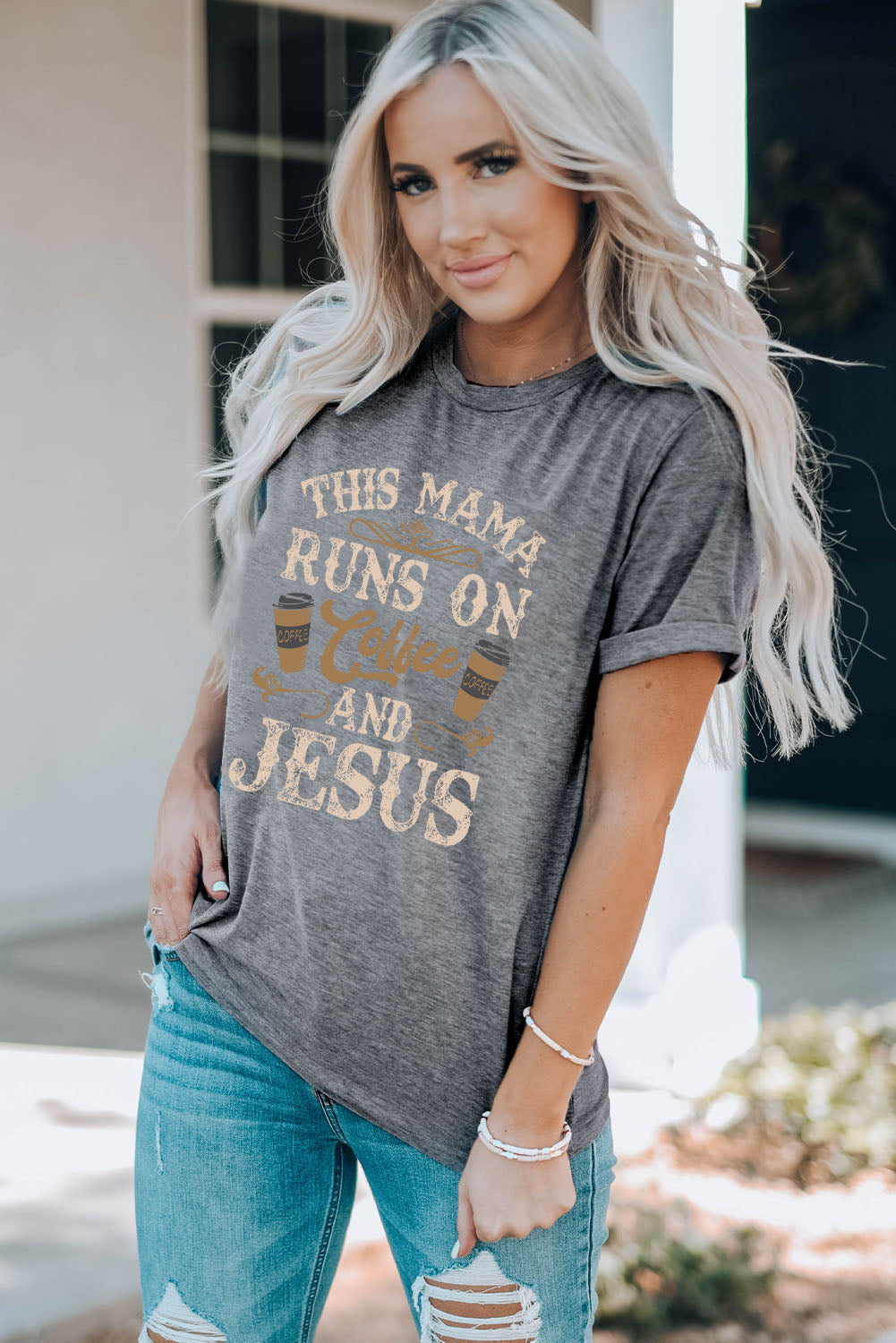This Mama Runs on Coffee and Jesus Graphic Round Neck T-Shirt - Kittybear Krafts