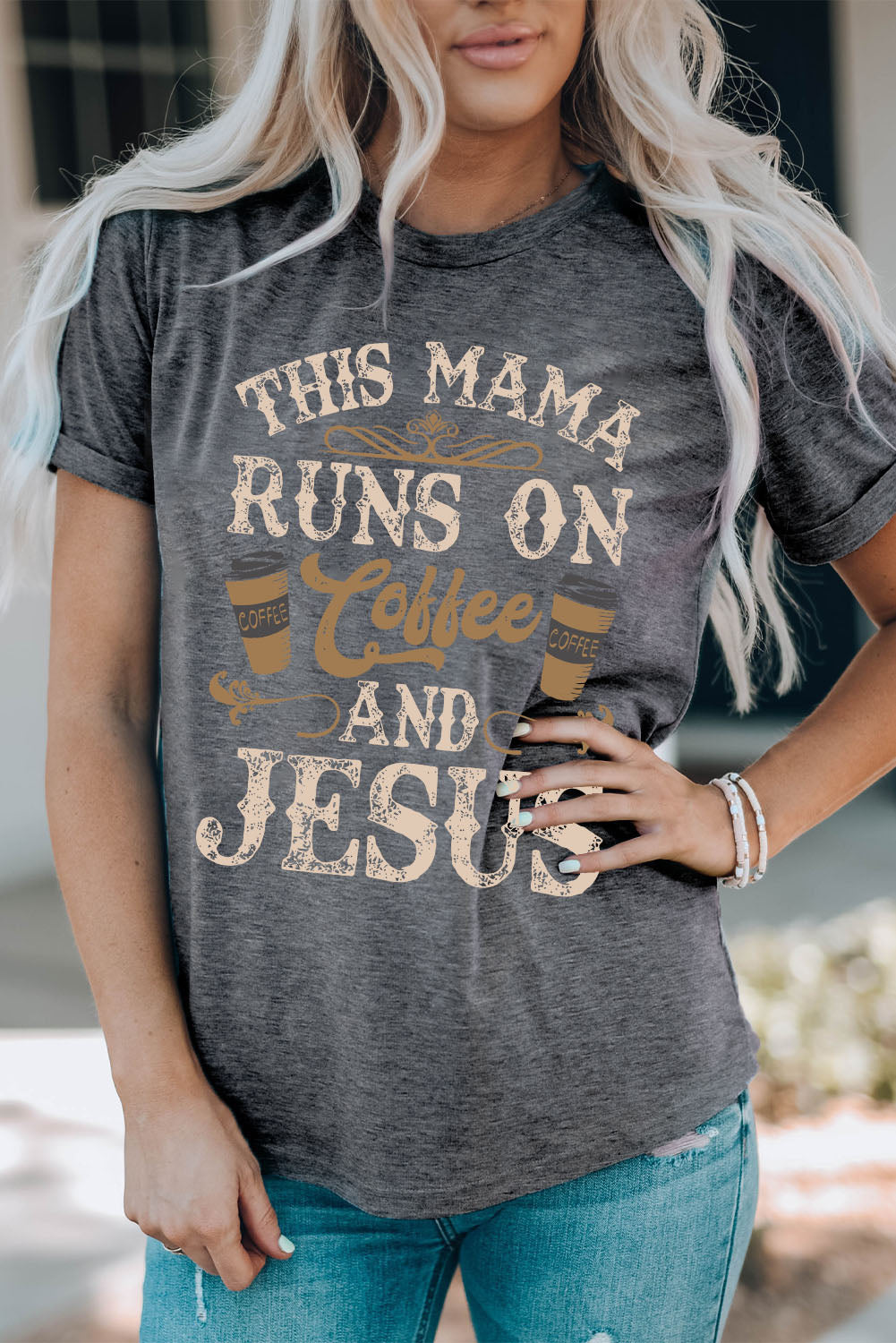 This Mama Runs on Coffee and Jesus Graphic Round Neck T-Shirt - Kittybear Krafts