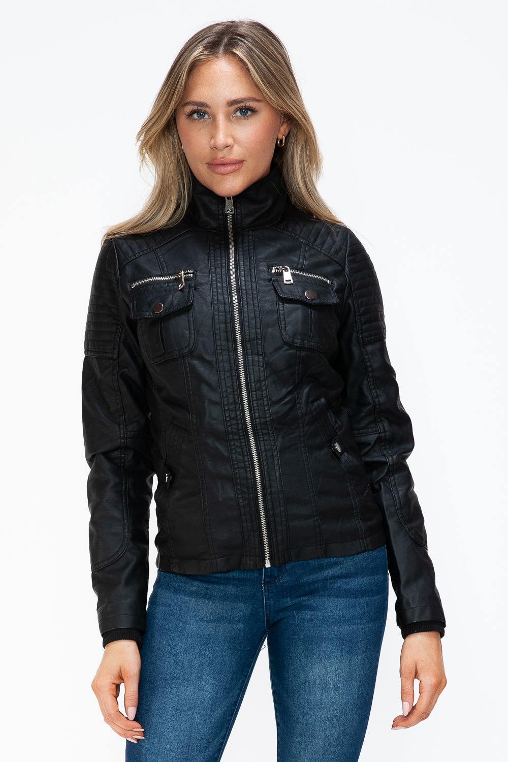 YMI Removable Faux Layered Multi-Pocket Jacket with Fuzzy Hood Trendsi
