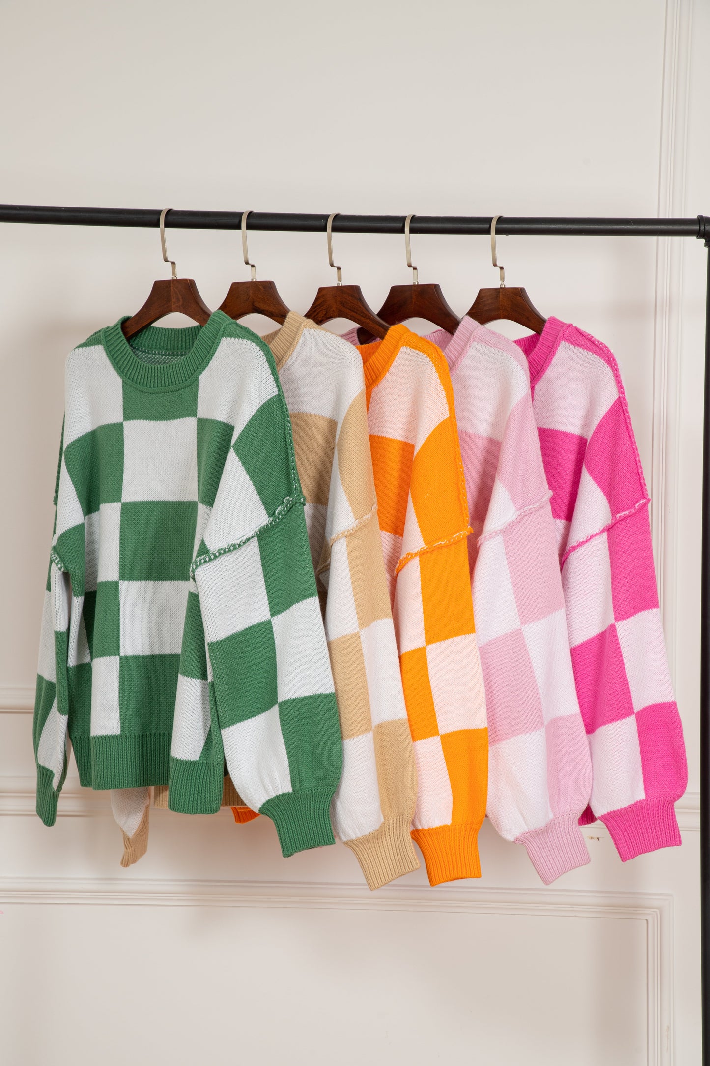 Pink Checkered Bishop Sleeve Sweater Kittybear Krafts