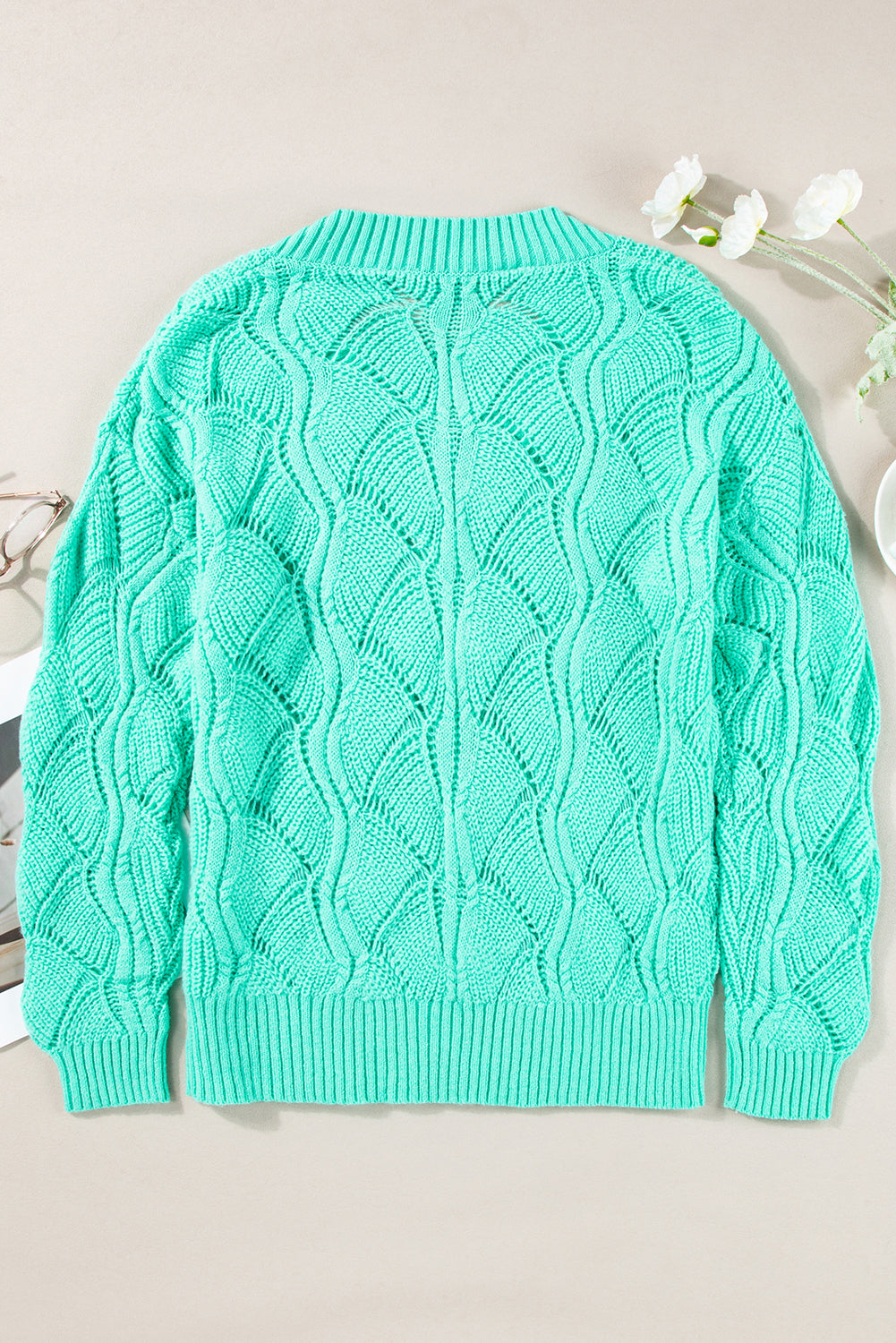 Mint Green Hollow Out Knit V Neck Drop Shoulder Sweater Top Kittybear Krafts