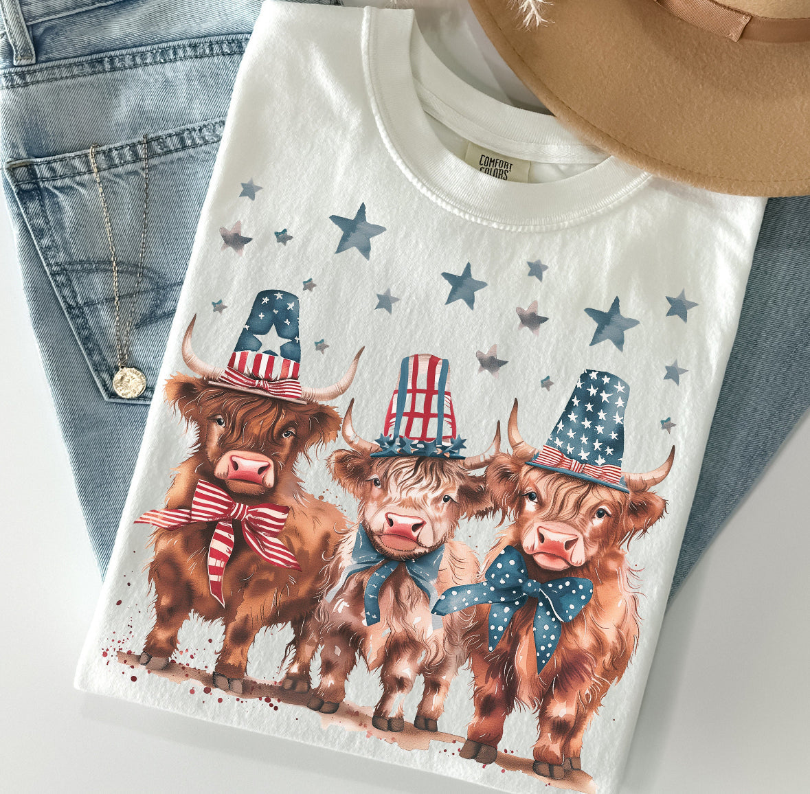 Highland Cows With USA Hats Patriotic Graphic Tee T-Shirt Gunpowder and Lace Boutique Nac