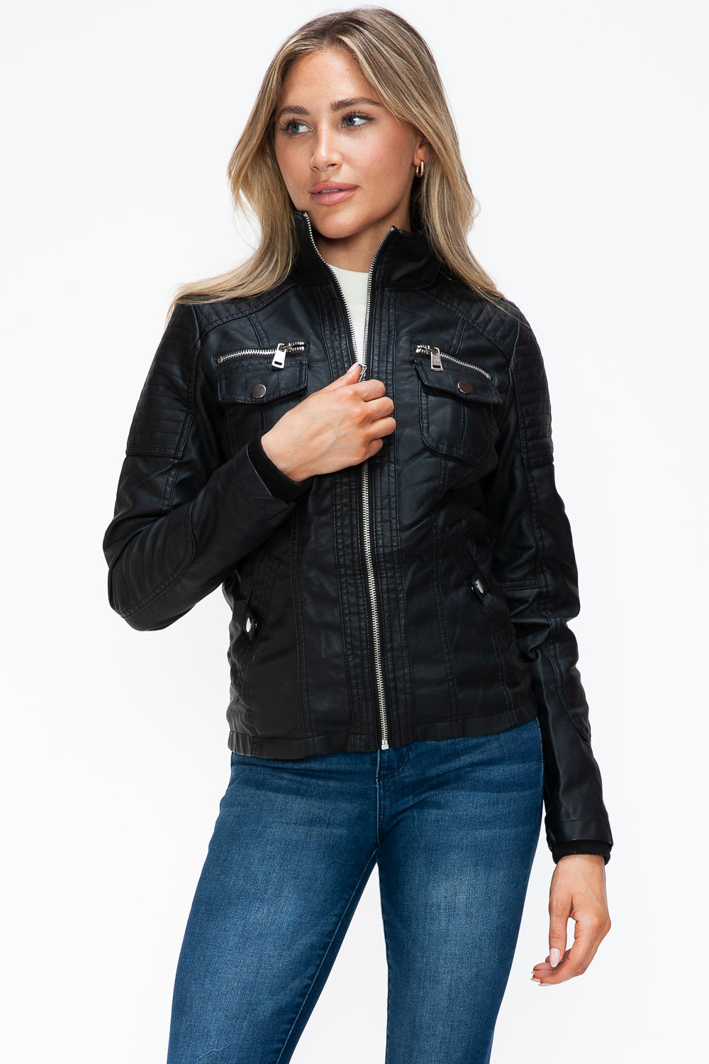 YMI Removable Faux Layered Multi-Pocket Jacket with Fuzzy Hood Trendsi