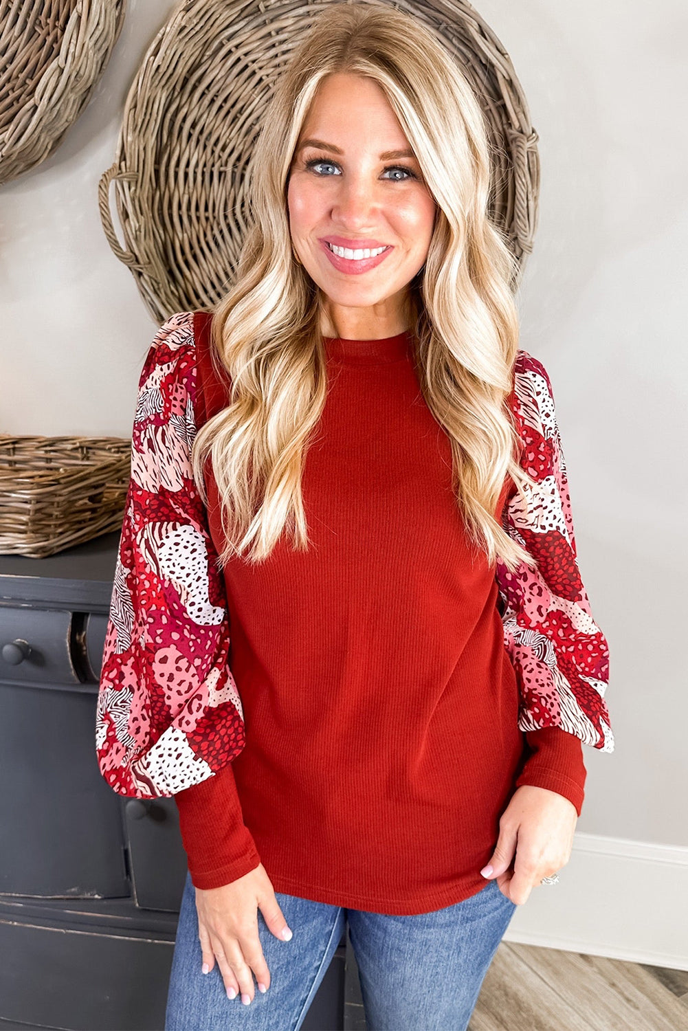 Fiery Red Contrast Mixed Animal Print Lantern Sleeve Patchwork Top Kittybear Krafts