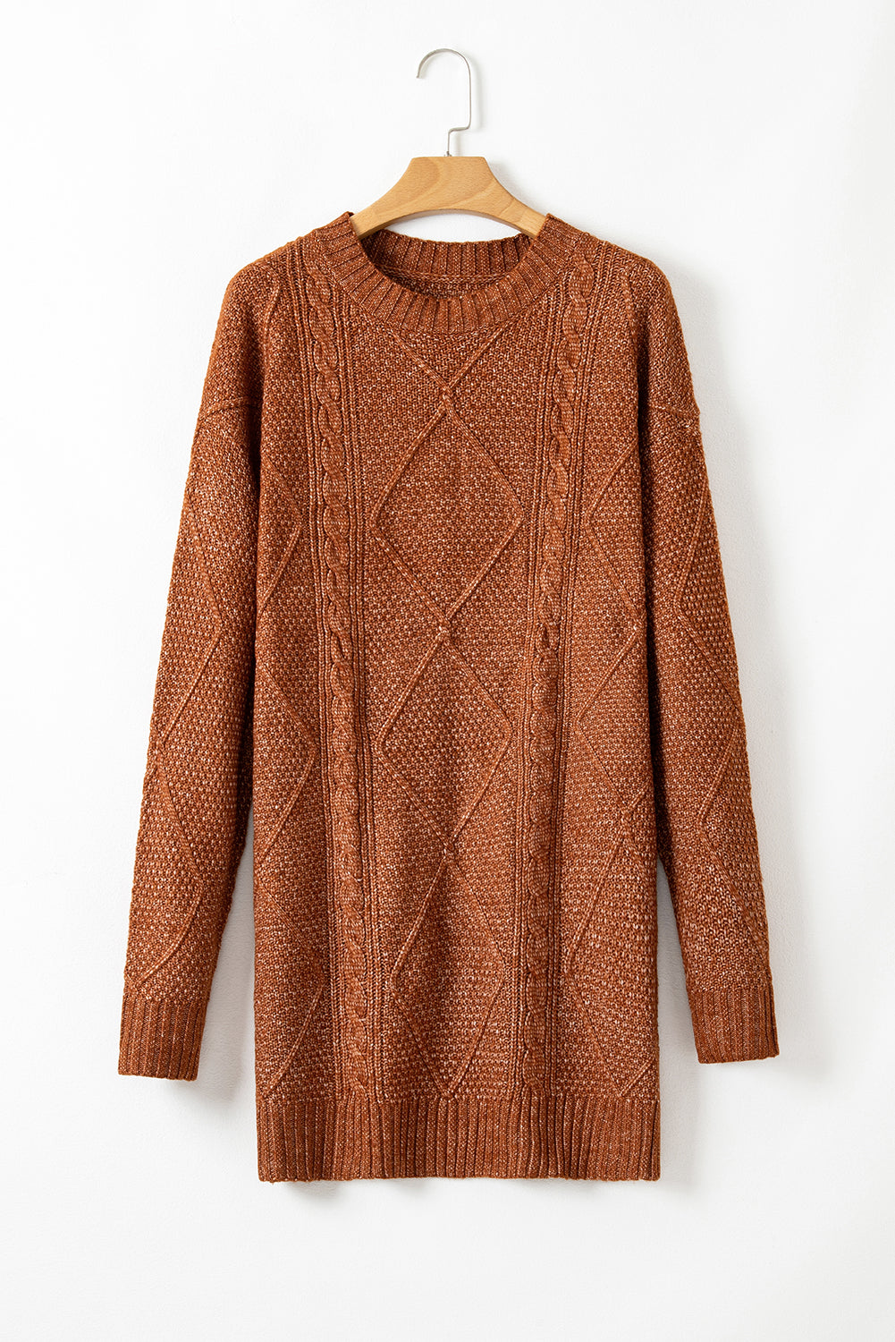 Coffee Cable Knit Drop Shoulder Loose Fit Sweater Dress Kittybear Krafts