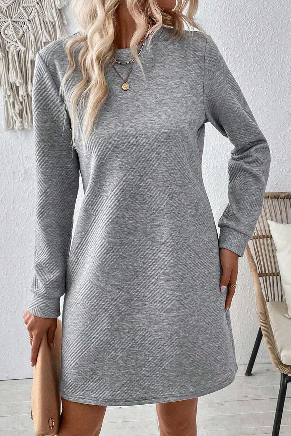 Gray Solid Color Textured Long Sleeve Shift Dress Kittybear Krafts