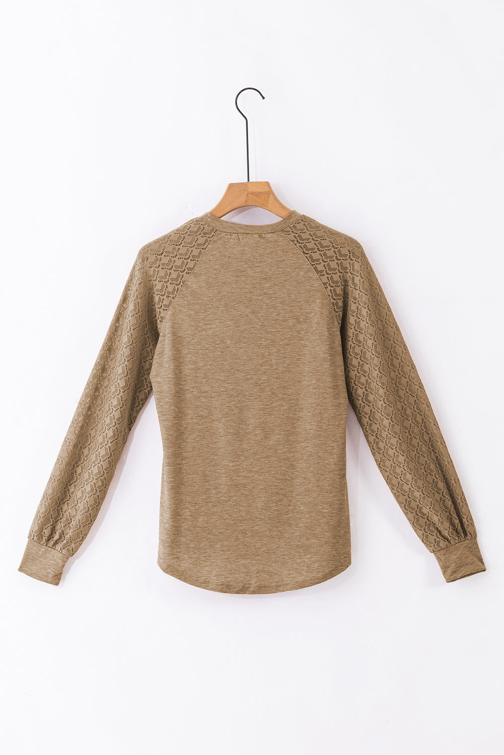 Light French Beige Contrast Lace Raglan Sleeve Plicate Round Neck Top Kittybear Krafts