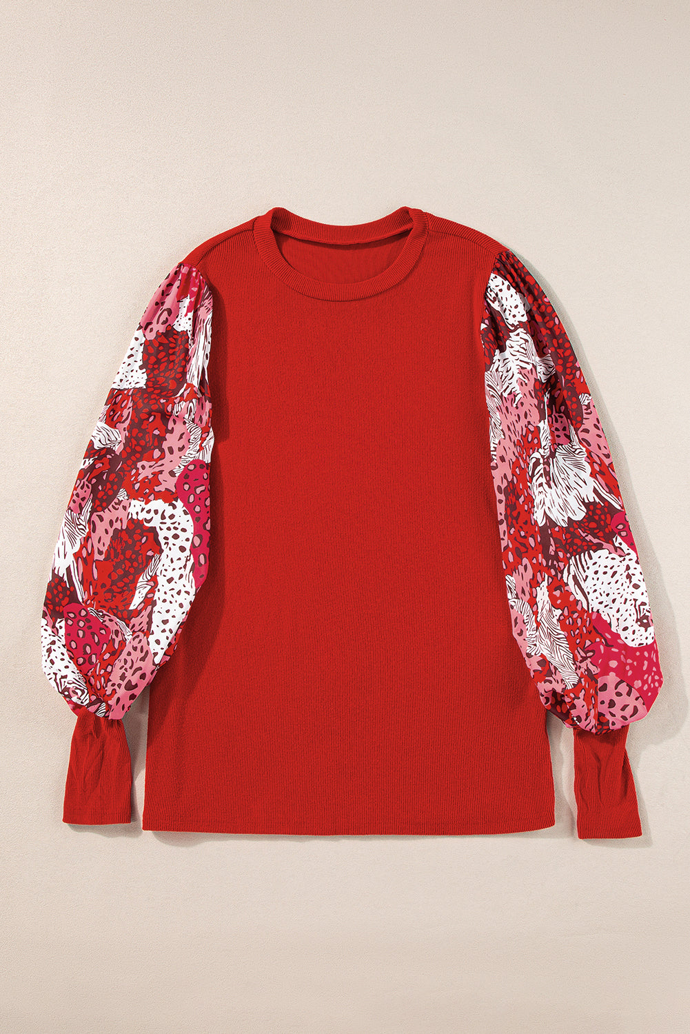Fiery Red Contrast Mixed Animal Print Lantern Sleeve Patchwork Top Kittybear Krafts