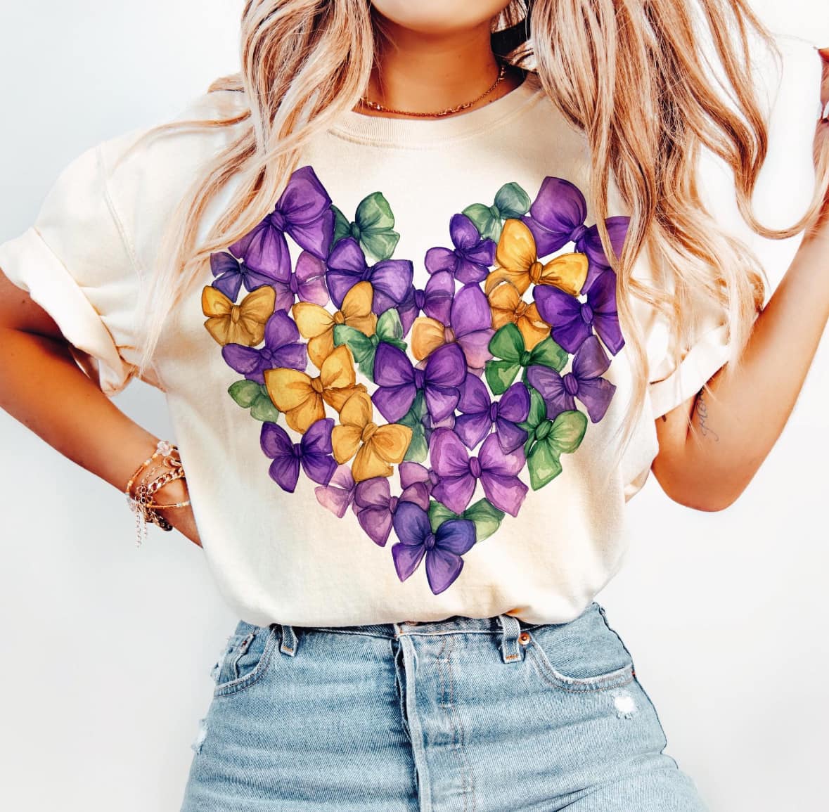 Mardi Gras Coquette Bow Heart Graphic T-Shirt Gunpowder and Lace Boutique Nac