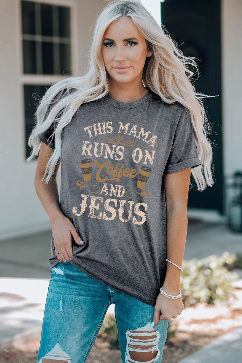 This Mama Runs on Coffee and Jesus Graphic Round Neck T-Shirt - Kittybear Krafts