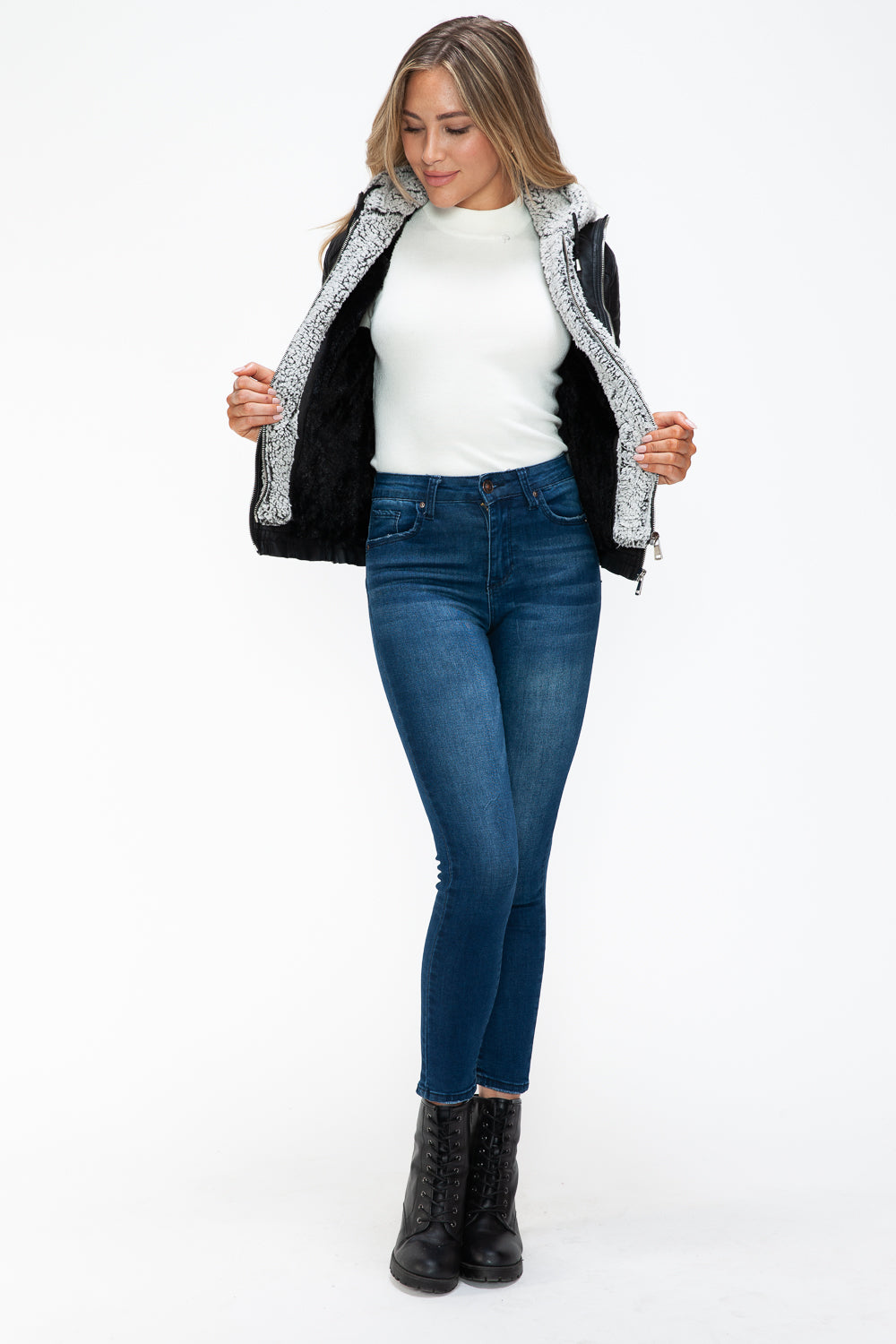 YMI Removable Faux Layered Multi-Pocket Jacket with Fuzzy Hood Trendsi
