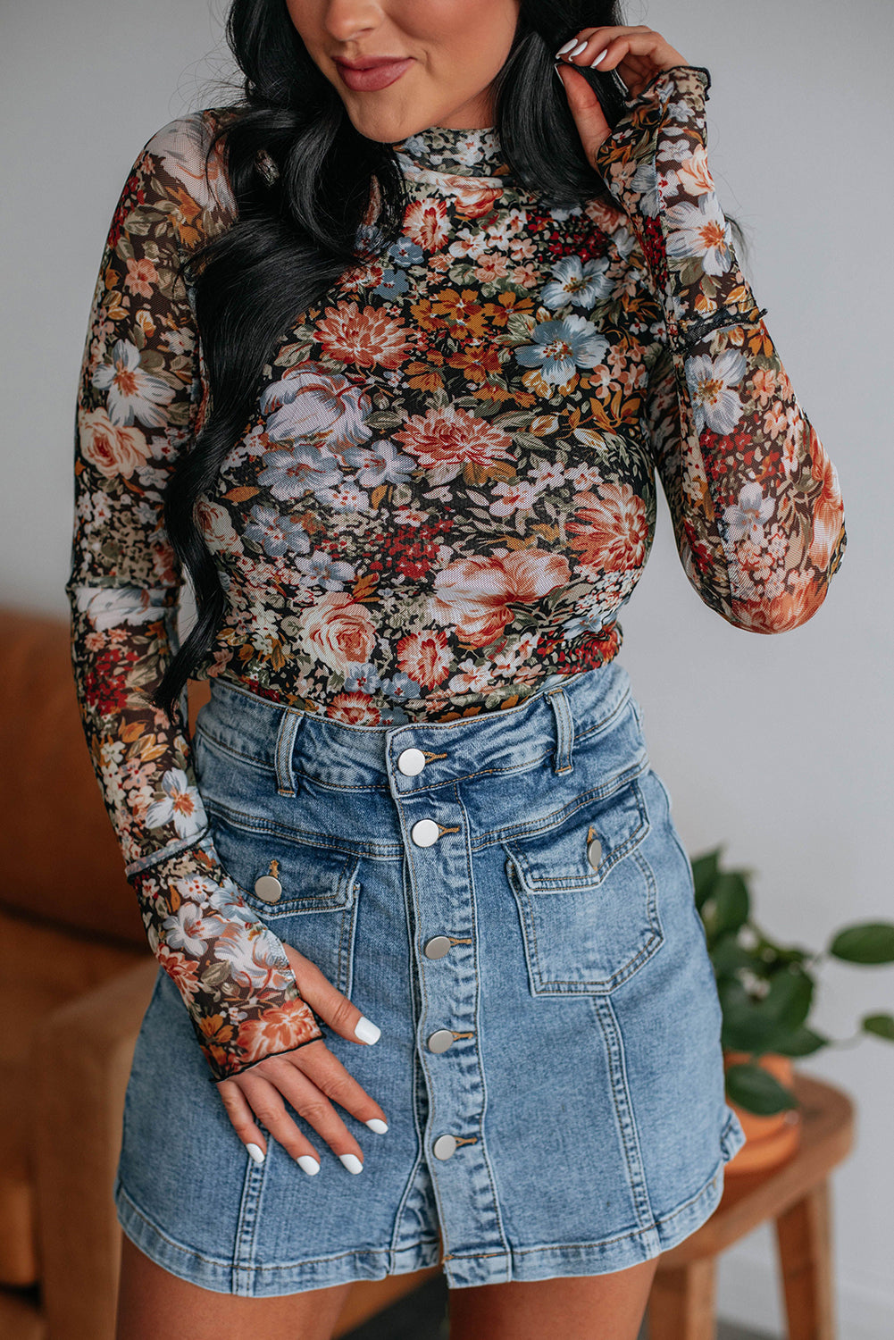 Brown Floral Long Sleeve High Neck Sheath Mesh Blouse Kittybear Krafts