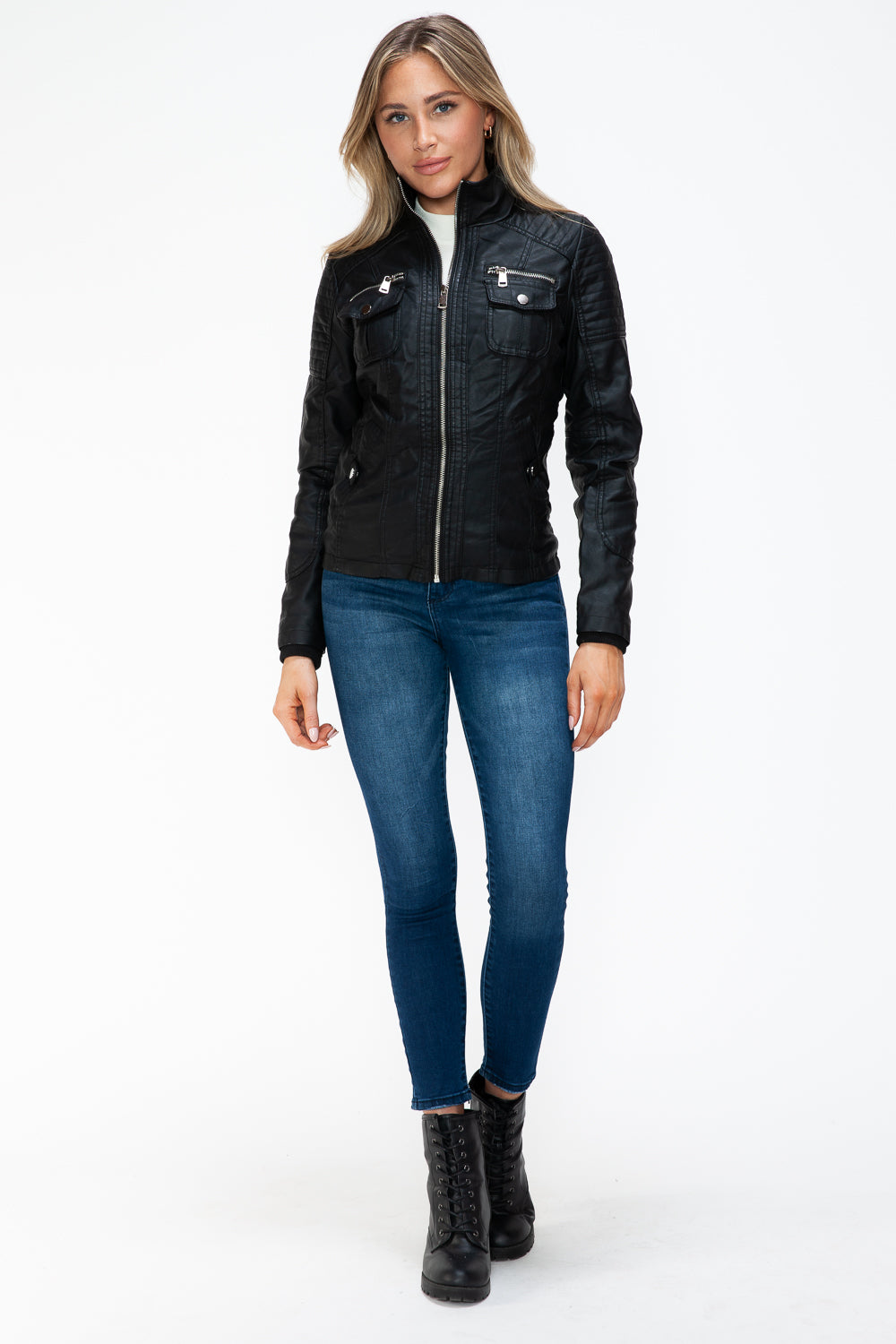 YMI Removable Faux Layered Multi-Pocket Jacket with Fuzzy Hood Trendsi