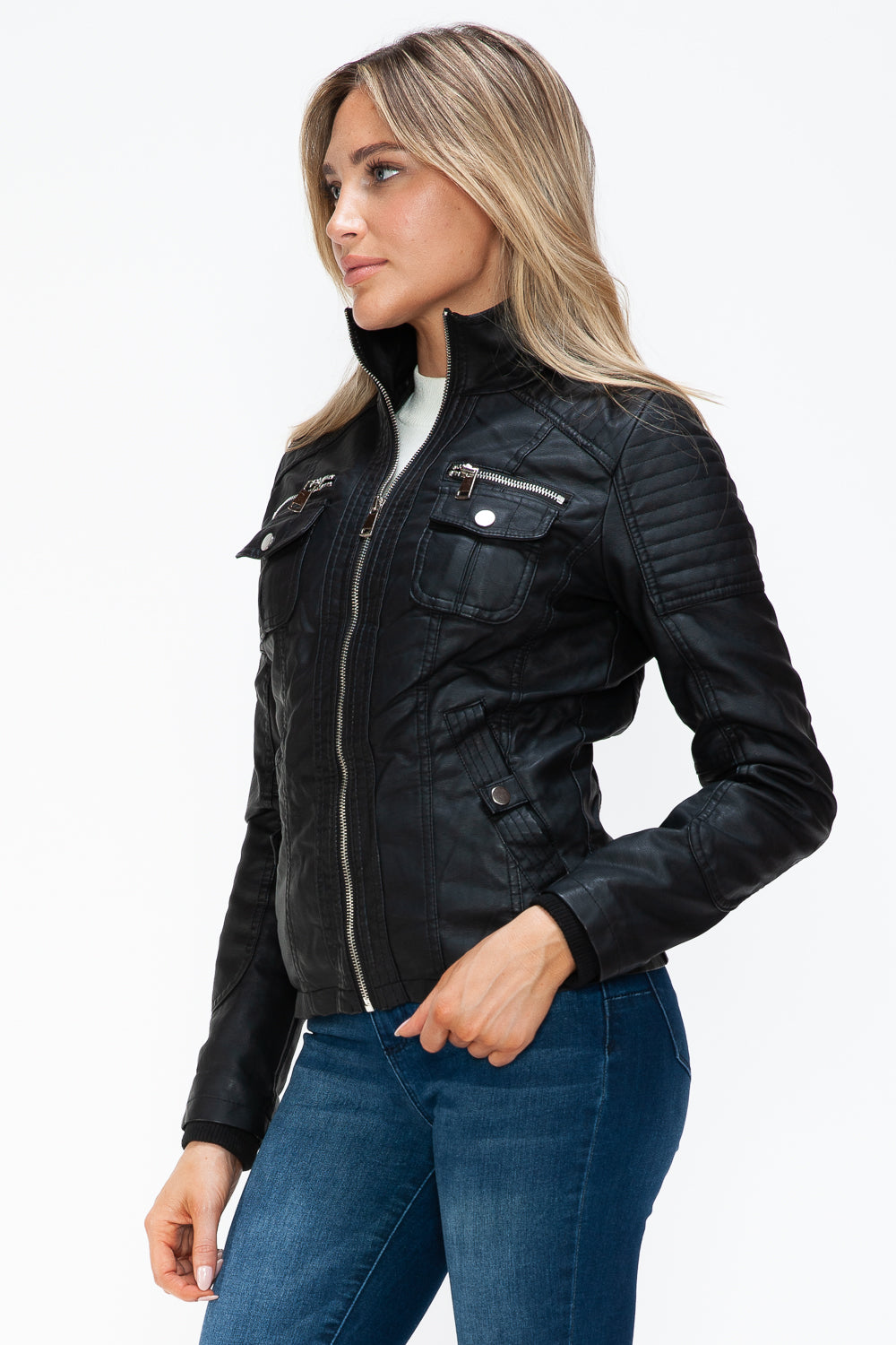 YMI Removable Faux Layered Multi-Pocket Jacket with Fuzzy Hood Trendsi
