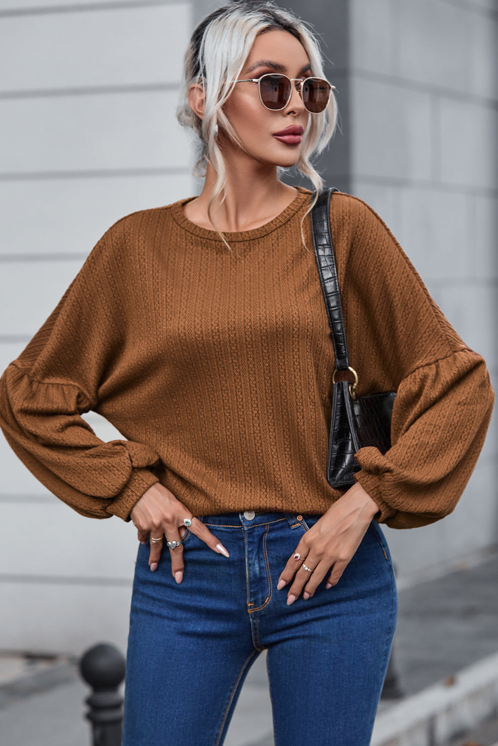Faux Knit Jacquard Puffy Long Sleeve Top Kittybear Krafts