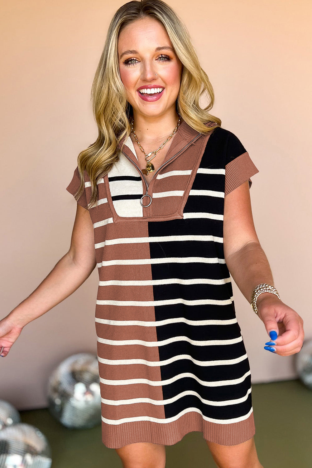 Black Stripe Color Block Quarter Zip Collar Short Sleeve Sweater Dress Kittybear Krafts