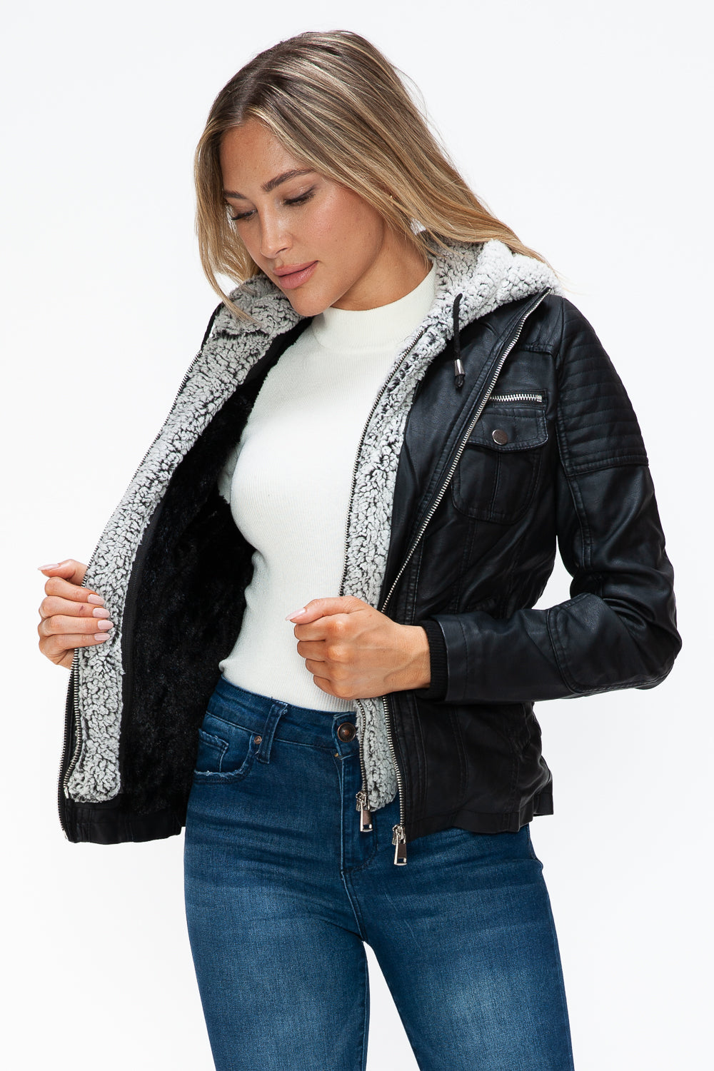 YMI Removable Faux Layered Multi-Pocket Jacket with Fuzzy Hood Trendsi