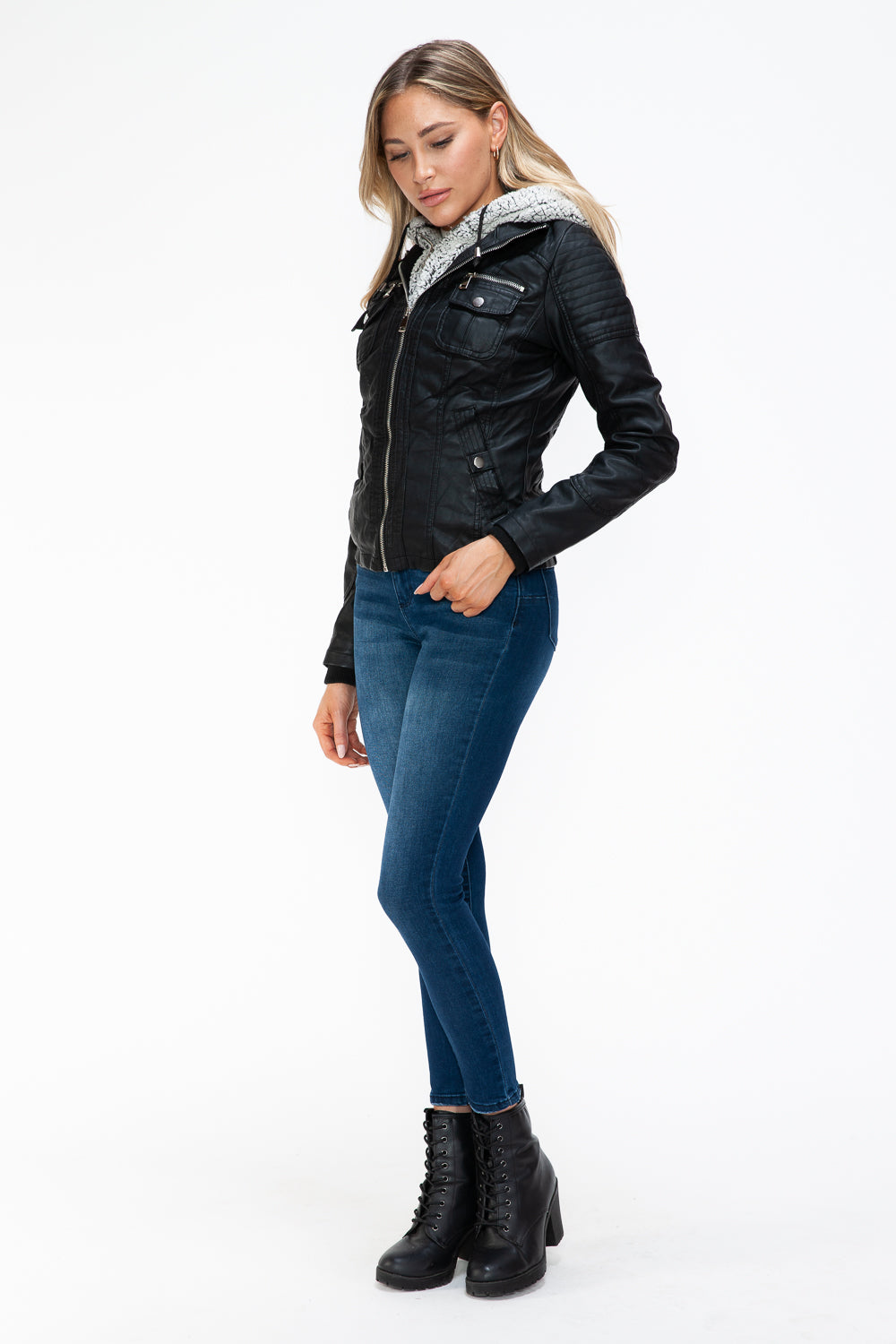 YMI Removable Faux Layered Multi-Pocket Jacket with Fuzzy Hood Trendsi