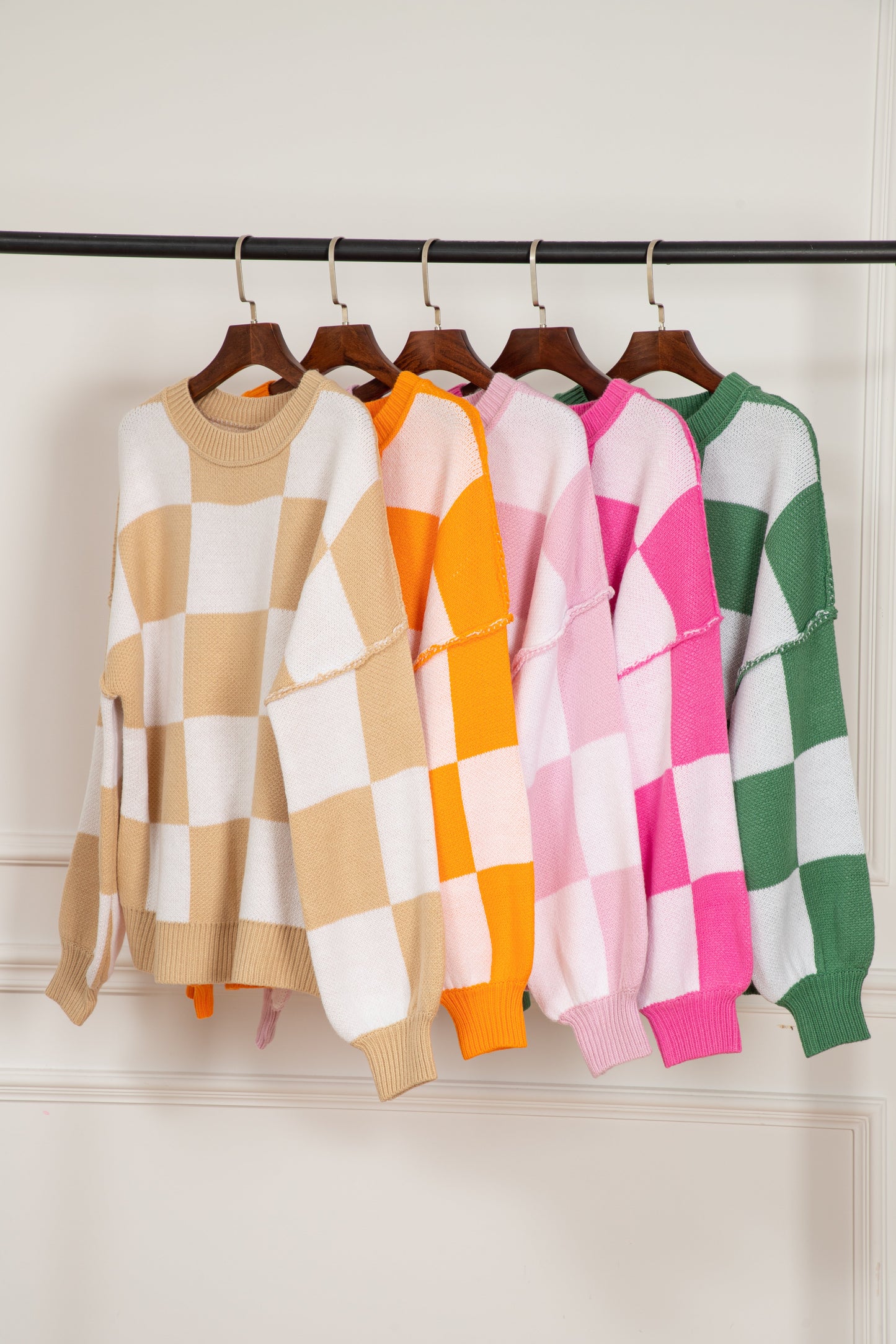 Pink Checkered Bishop Sleeve Sweater Kittybear Krafts