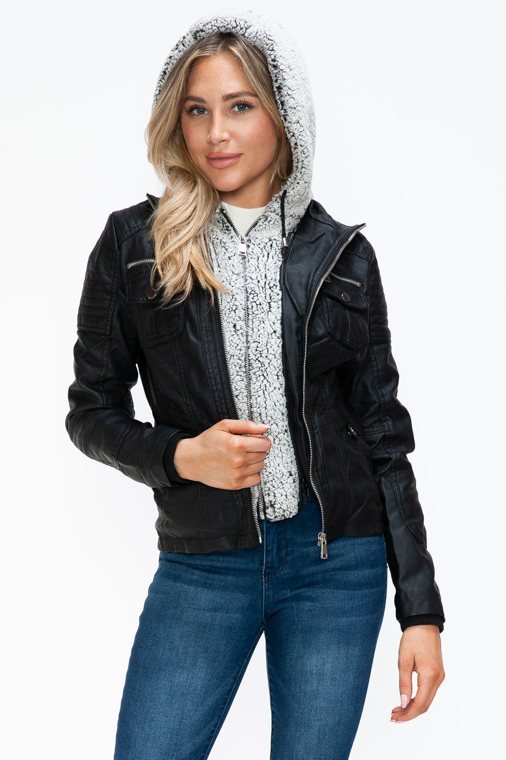 YMI Removable Faux Layered Multi-Pocket Jacket with Fuzzy Hood Trendsi
