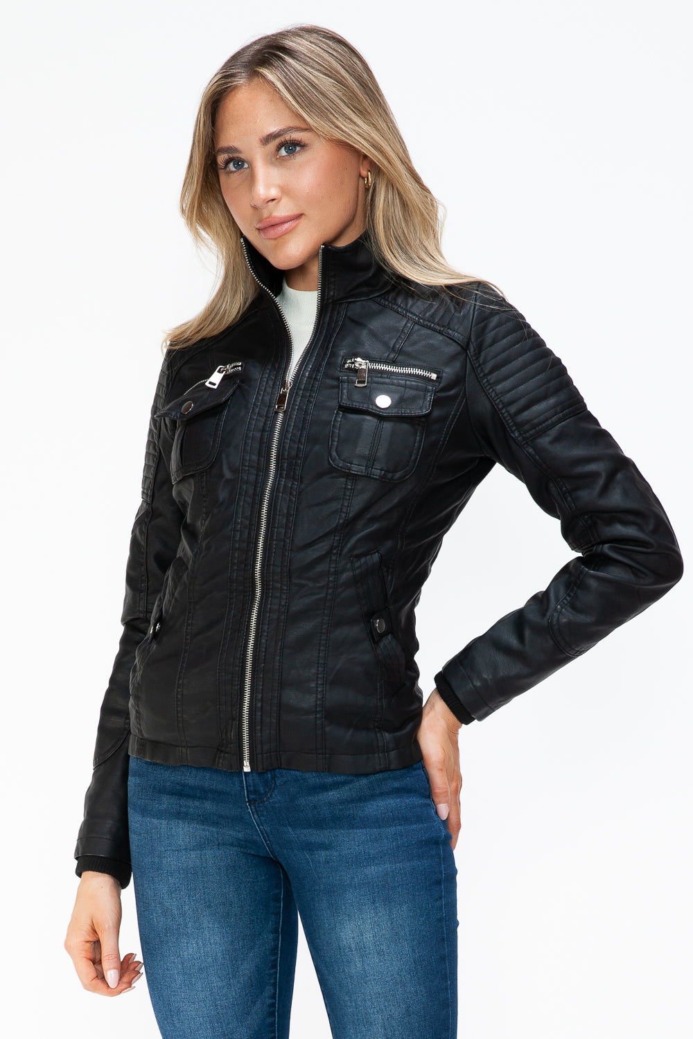 YMI Removable Faux Layered Multi-Pocket Jacket with Fuzzy Hood Trendsi