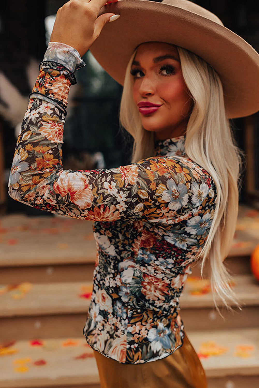 Brown Floral Long Sleeve High Neck Sheath Mesh Blouse Kittybear Krafts