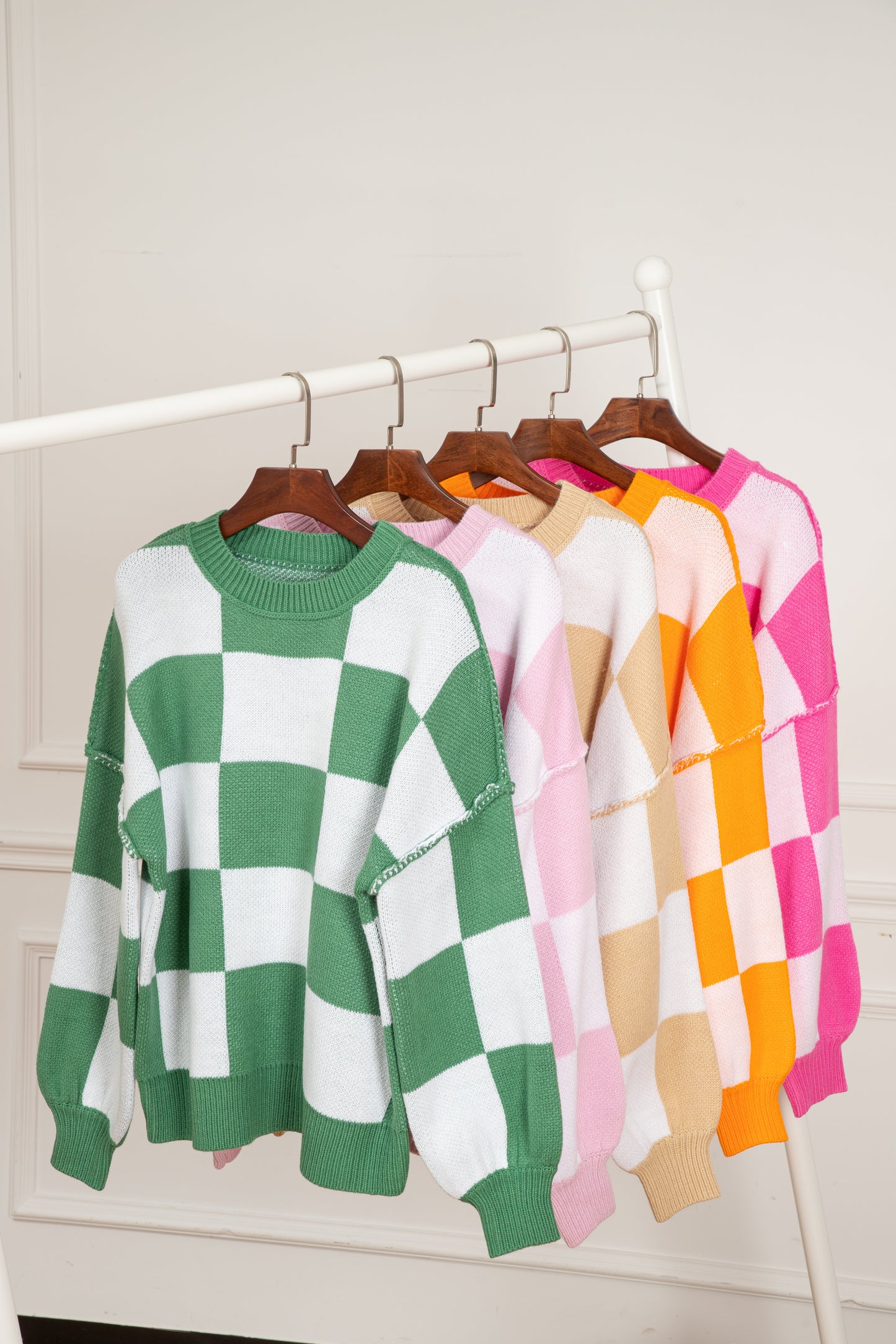 Pink Checkered Bishop Sleeve Sweater Kittybear Krafts