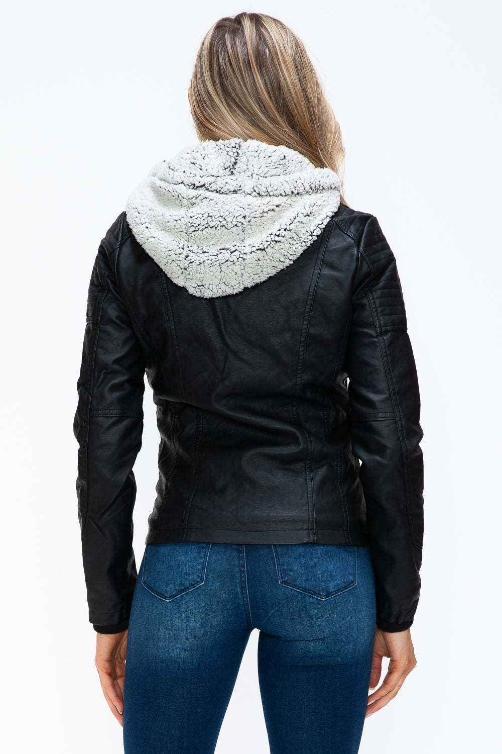 YMI Removable Faux Layered Multi-Pocket Jacket with Fuzzy Hood Trendsi