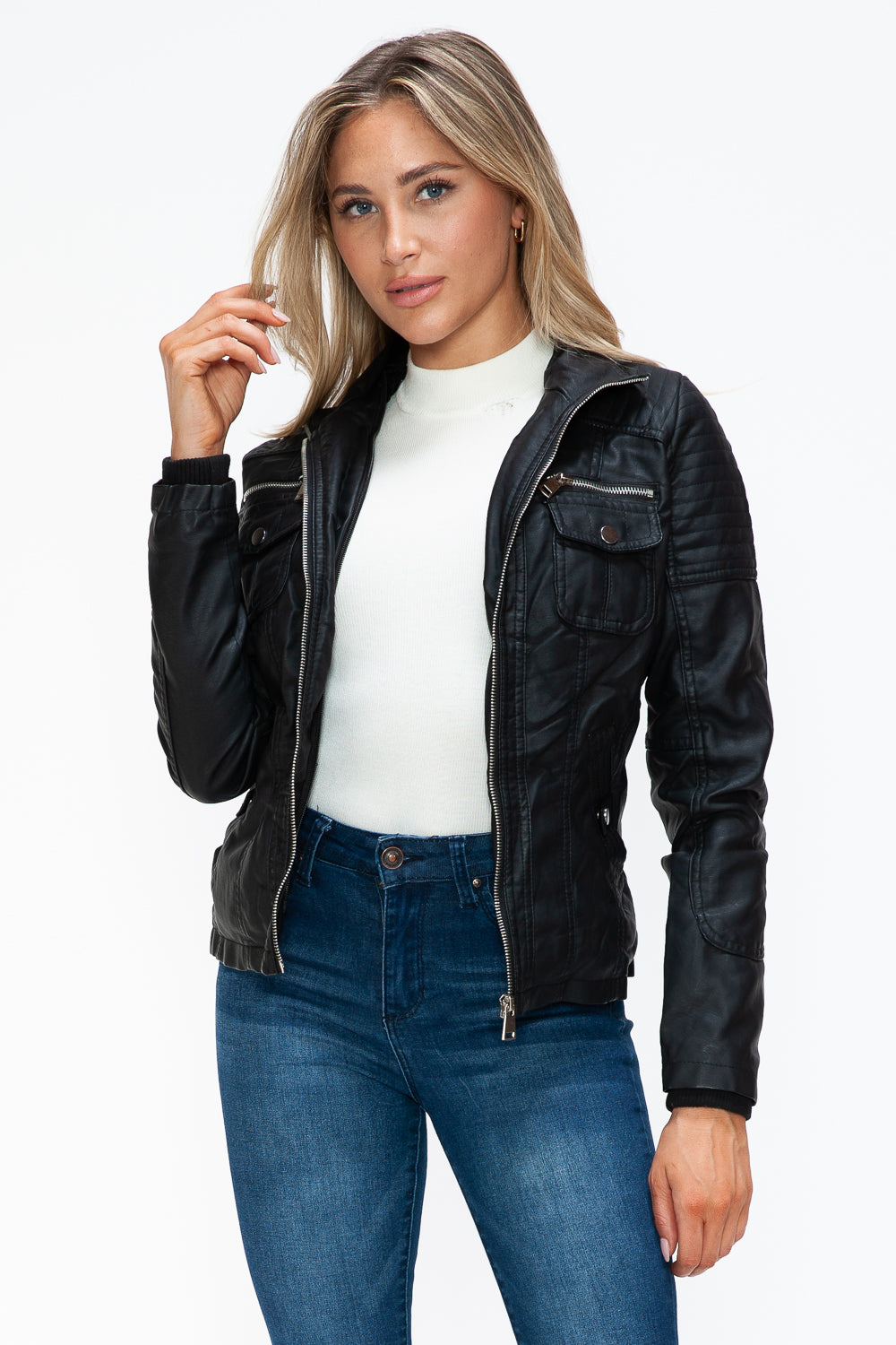 YMI Removable Faux Layered Multi-Pocket Jacket with Fuzzy Hood Trendsi