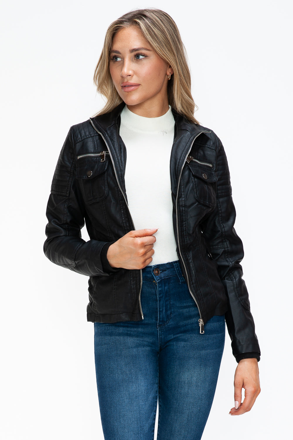 YMI Removable Faux Layered Multi-Pocket Jacket with Fuzzy Hood Trendsi