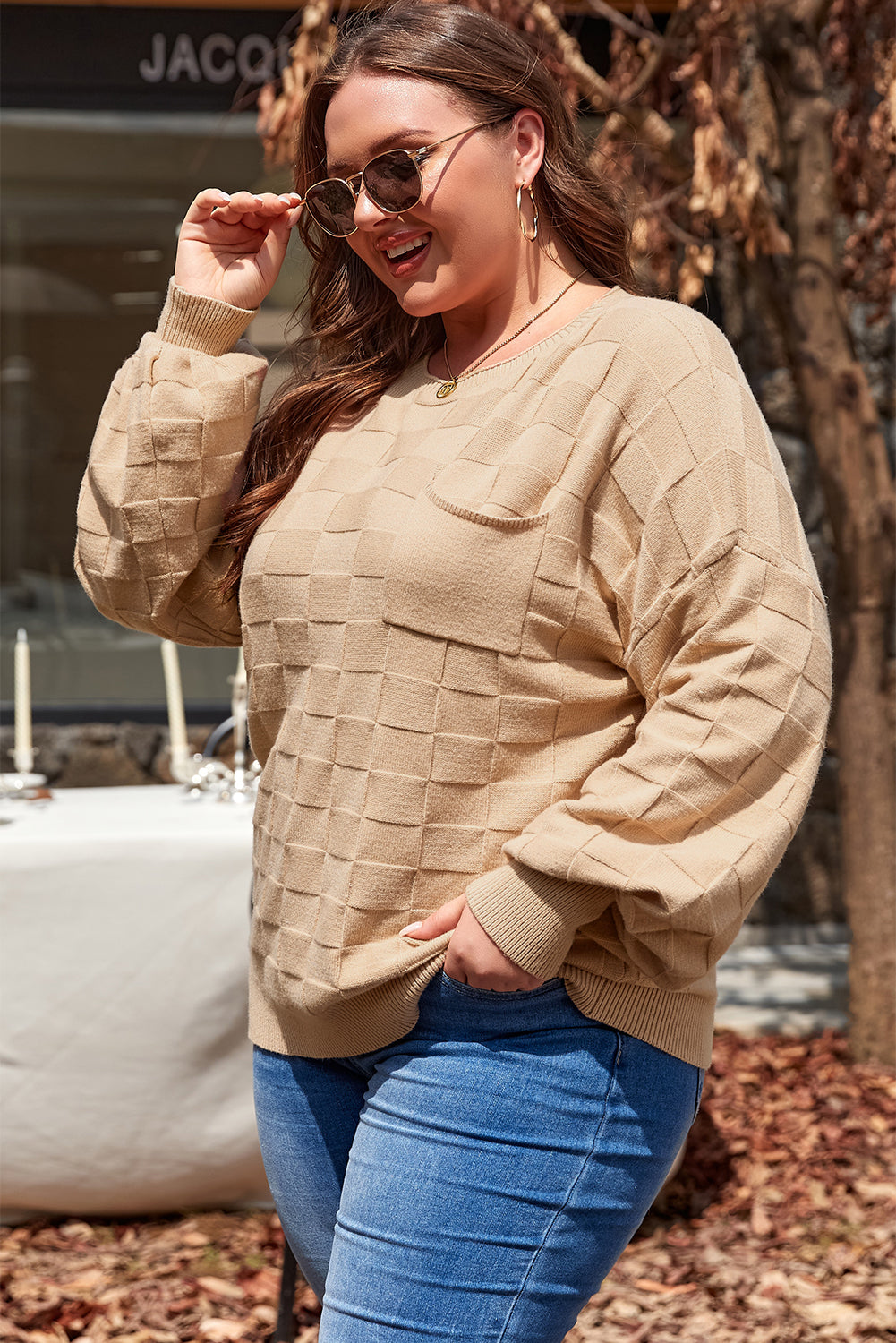 Light French Beige Solid Checkered Textured Knit Plus Size Sweater Top Kittybear Krafts