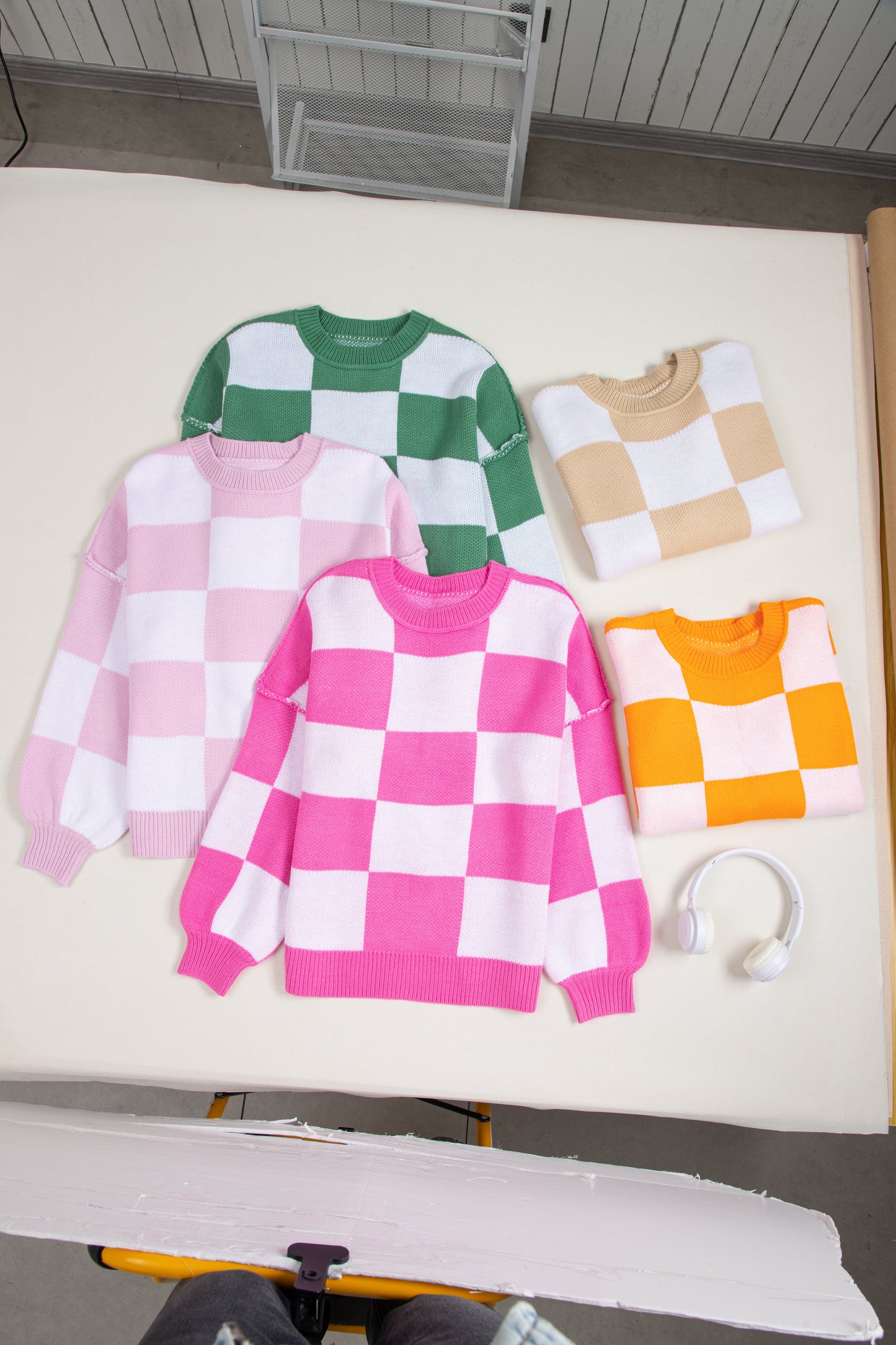 Pink Checkered Bishop Sleeve Sweater Kittybear Krafts