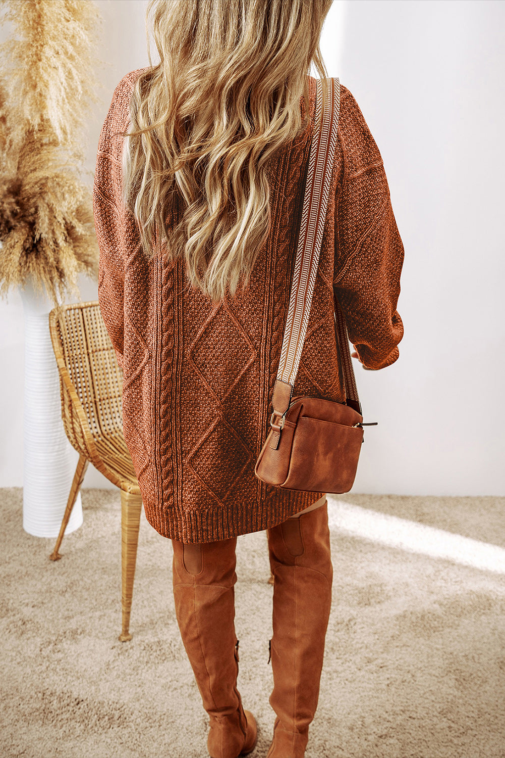 Coffee Cable Knit Drop Shoulder Loose Fit Sweater Dress Kittybear Krafts