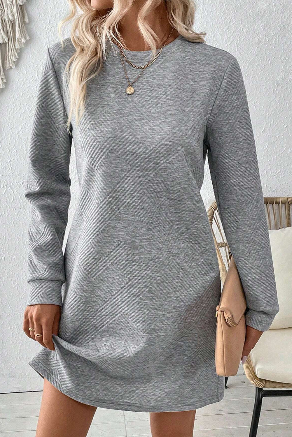 Gray Solid Color Textured Long Sleeve Shift Dress Kittybear Krafts
