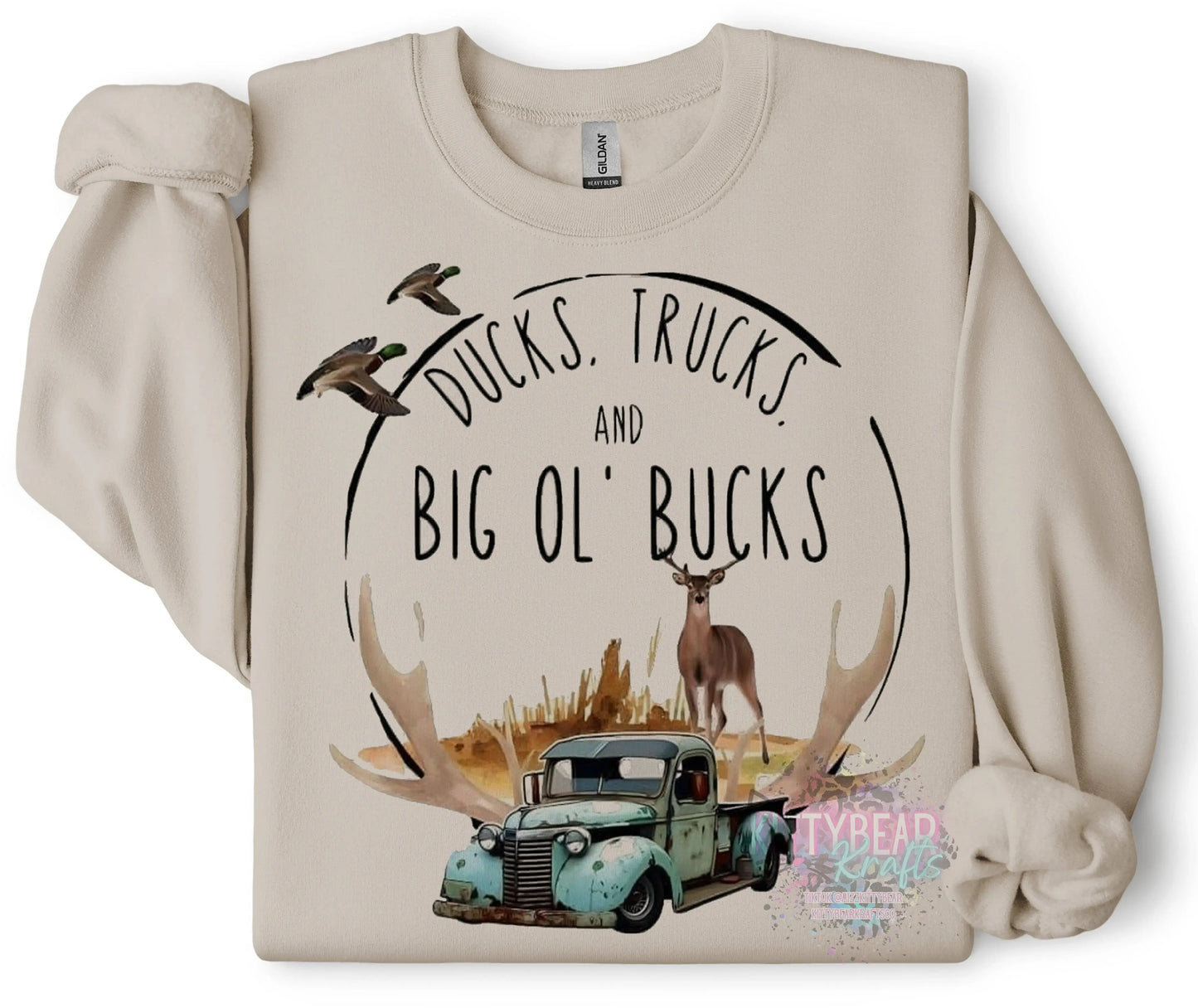 Ducks, Trucks, and Big ol Bucks Hunting Graphic Crewneck Sweatshirt - Kittybear Krafts