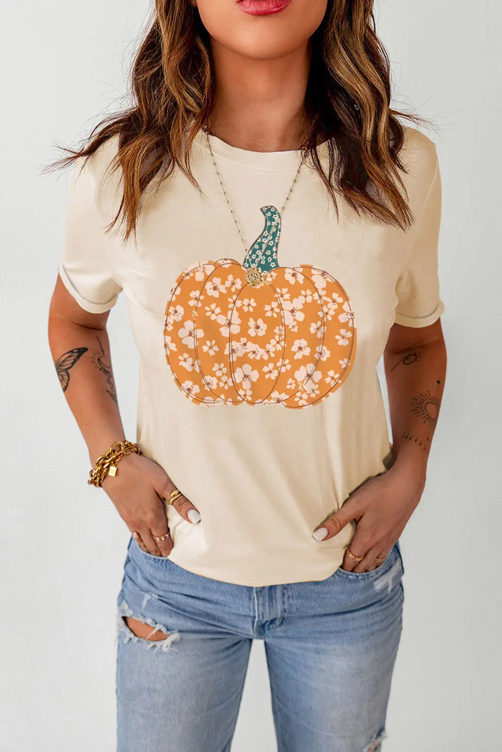 Pumpkin Graphic Round Neck Cuffed T-Shirt - Kittybear Krafts