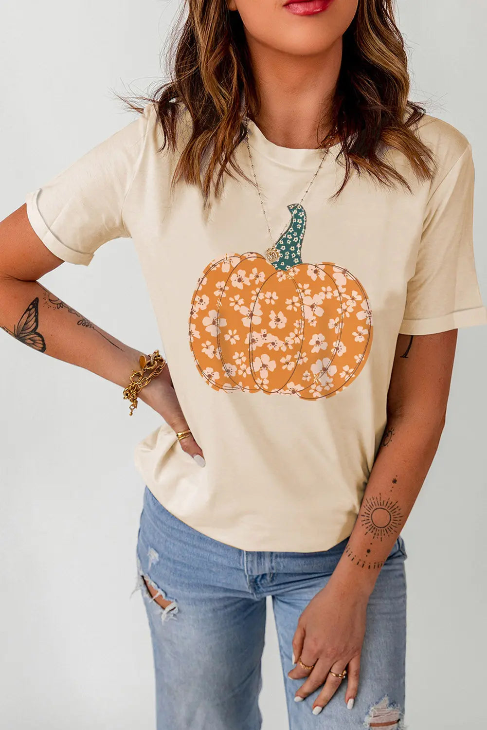 Pumpkin Graphic Round Neck Cuffed T-Shirt - Kittybear Krafts