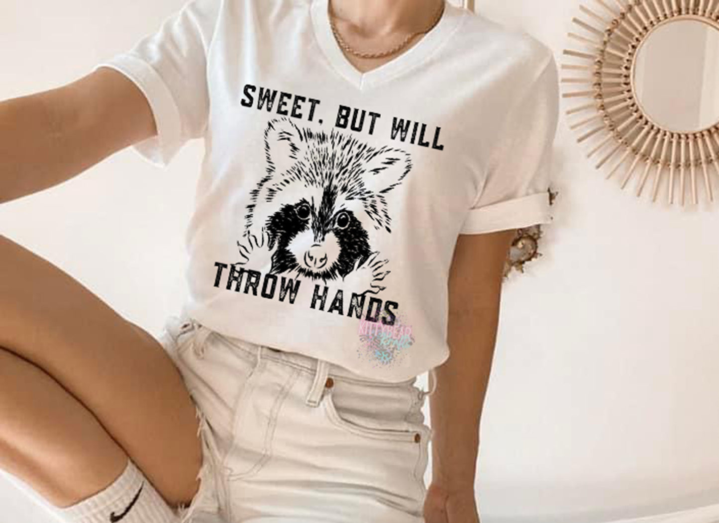 Sweet, But Will Throw Hands Raccoon Graphic T-Shirt - Kittybear Krafts