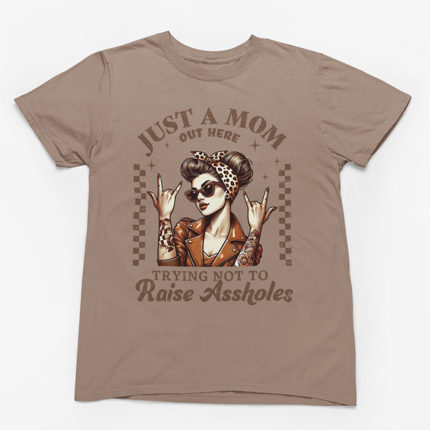 Just a Mom Trying Not to Raise A$$holes Graphic T-Shirt Tea Shirt Shoppe