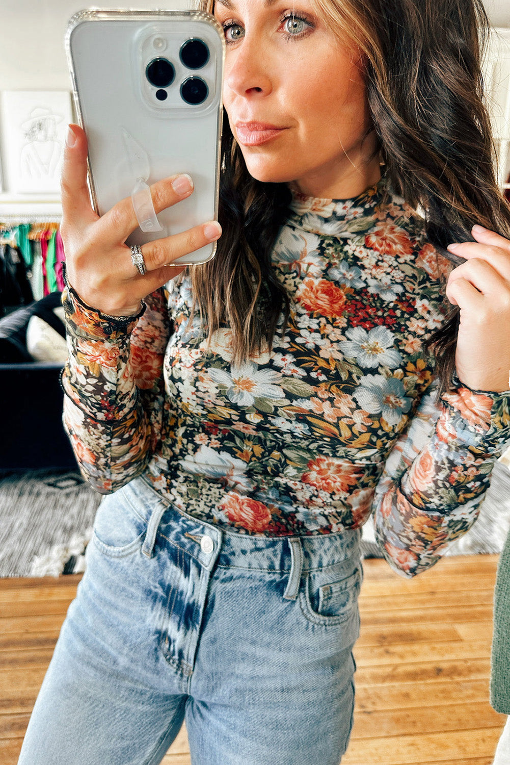 Brown Floral Long Sleeve High Neck Sheath Mesh Blouse Kittybear Krafts