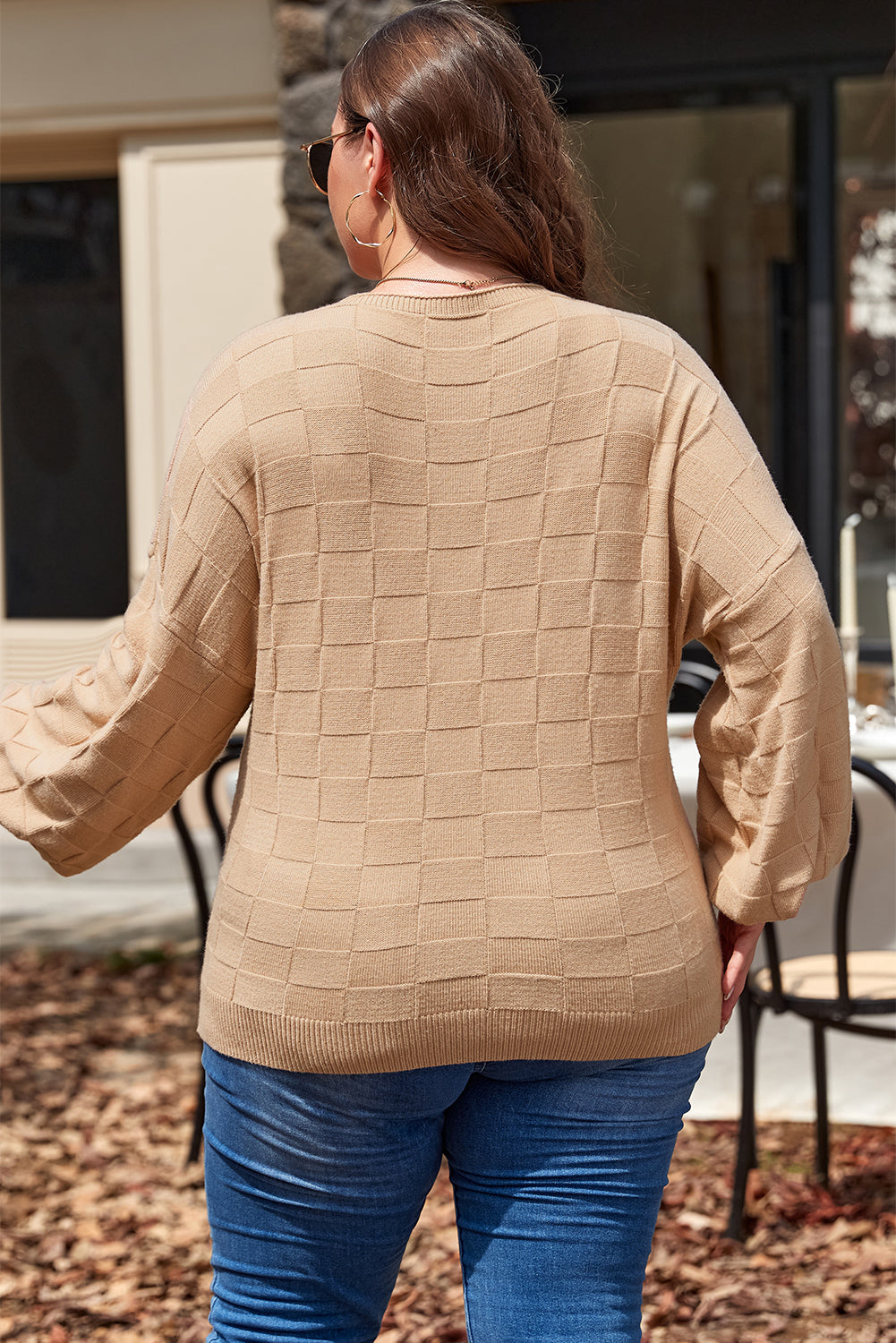 Light French Beige Solid Checkered Textured Knit Plus Size Sweater Top Kittybear Krafts
