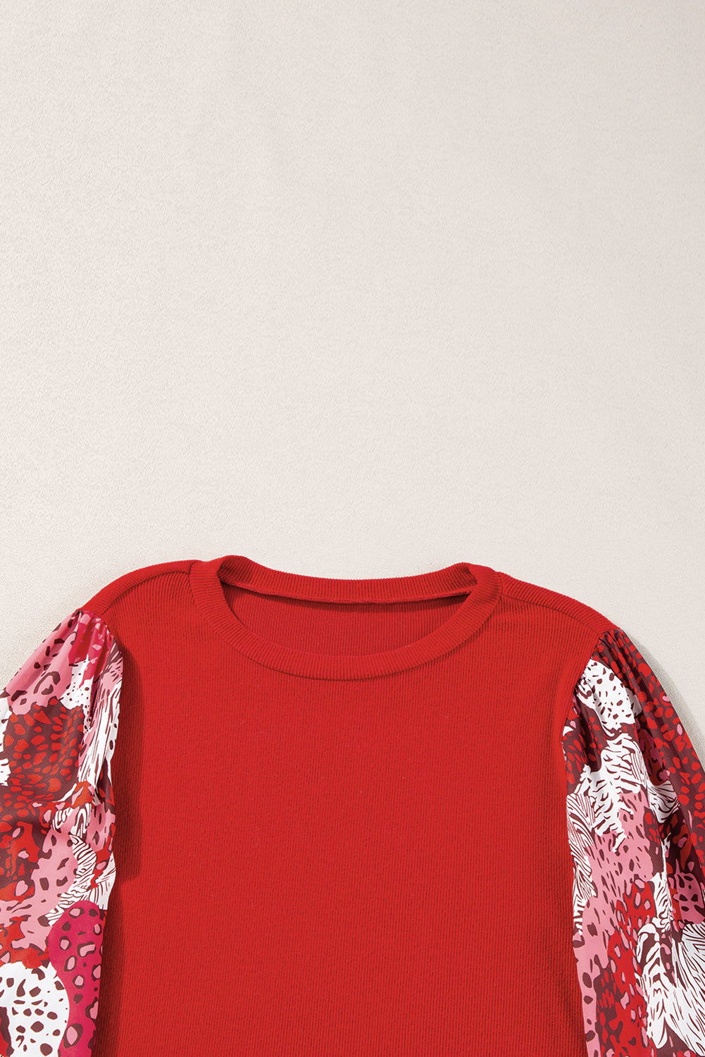 Fiery Red Contrast Mixed Animal Print Lantern Sleeve Patchwork Top Kittybear Krafts