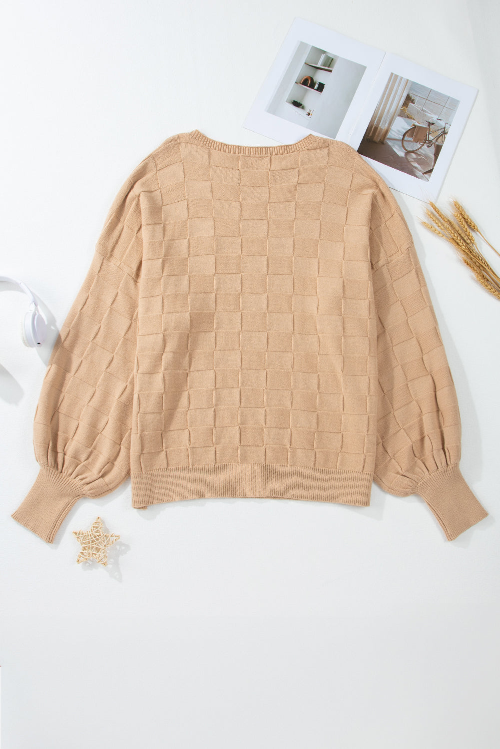 Light French Beige Solid Checkered Textured Knit Plus Size Sweater Top Kittybear Krafts