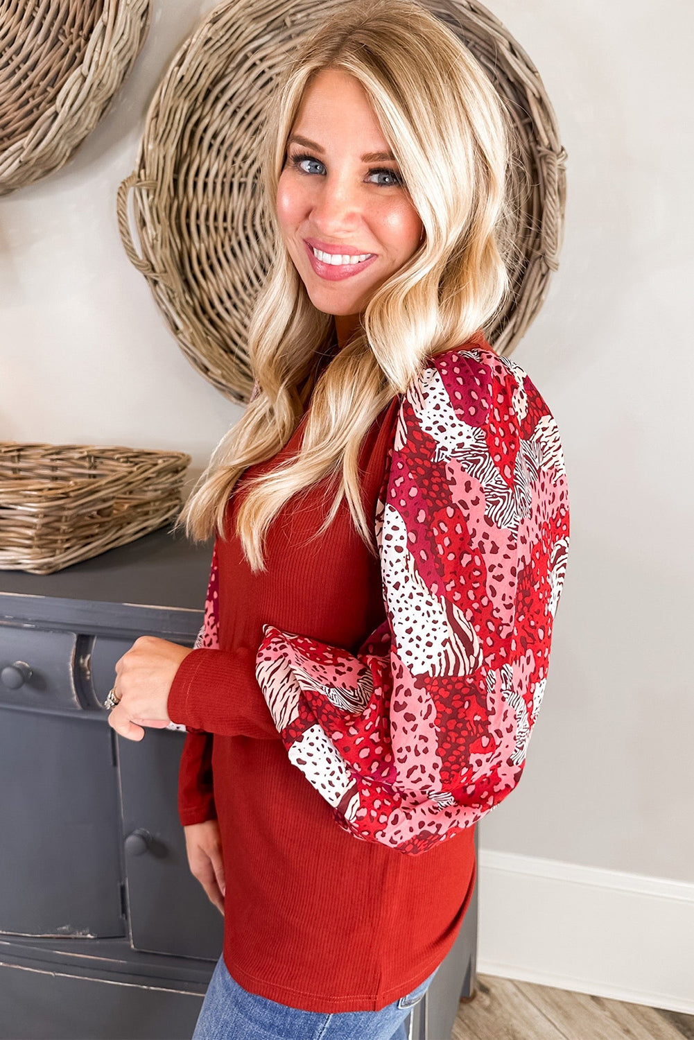 Fiery Red Contrast Mixed Animal Print Lantern Sleeve Patchwork Top Kittybear Krafts