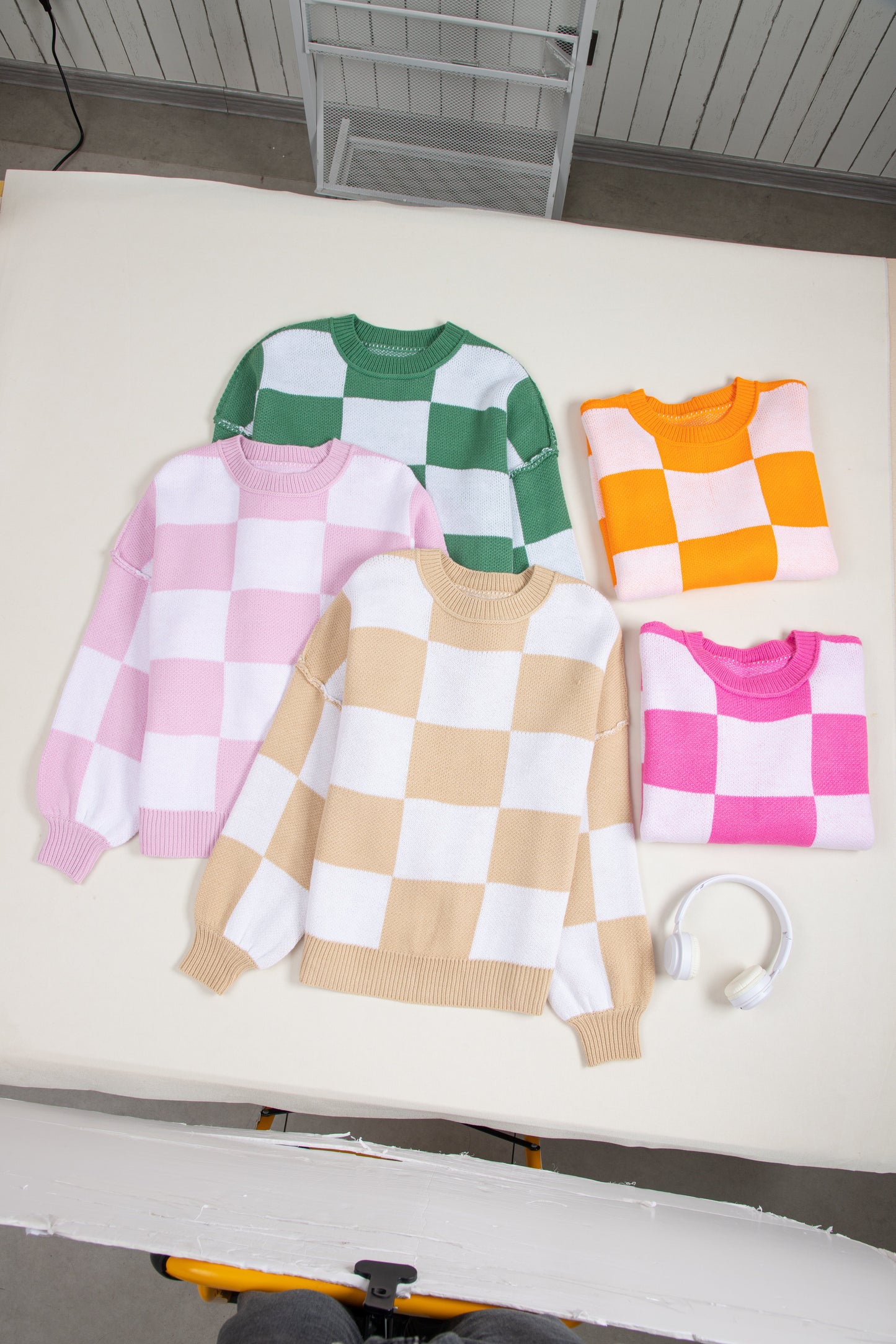 Pink Checkered Bishop Sleeve Sweater Kittybear Krafts