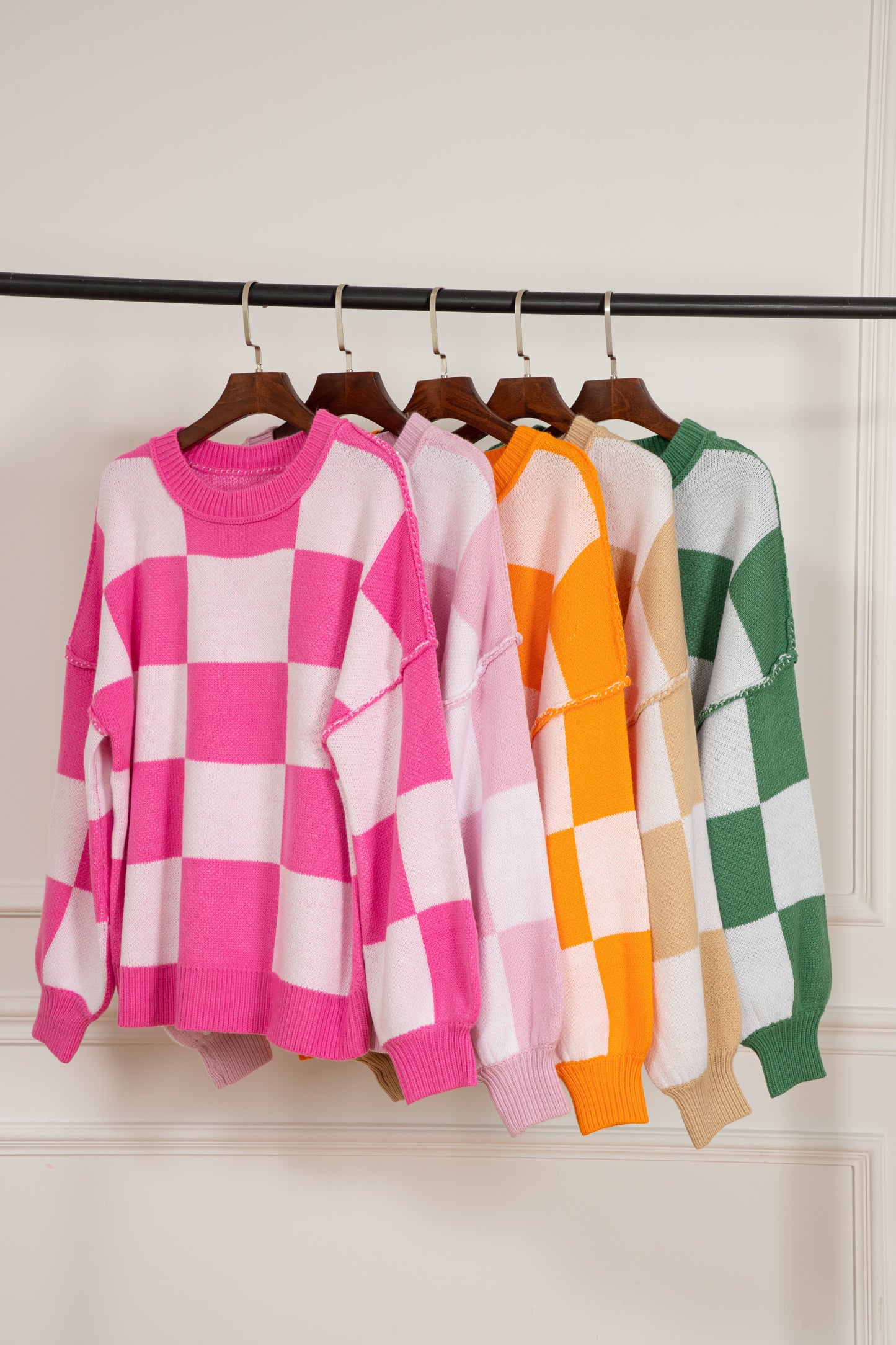 Pink Checkered Bishop Sleeve Sweater Kittybear Krafts
