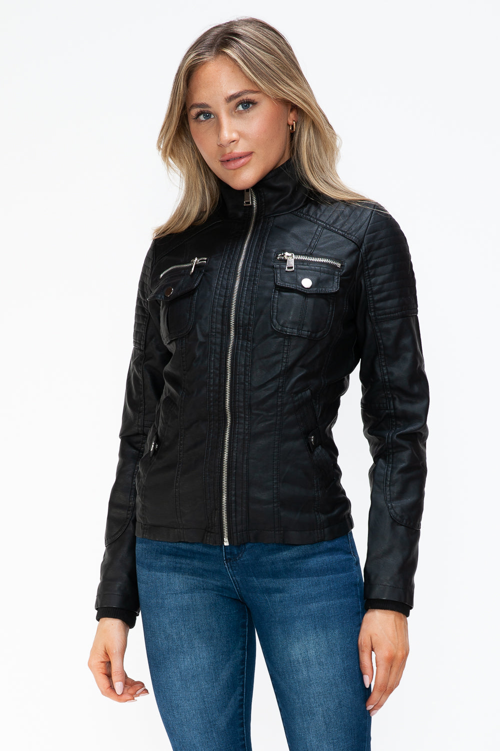 YMI Removable Faux Layered Multi-Pocket Jacket with Fuzzy Hood Trendsi
