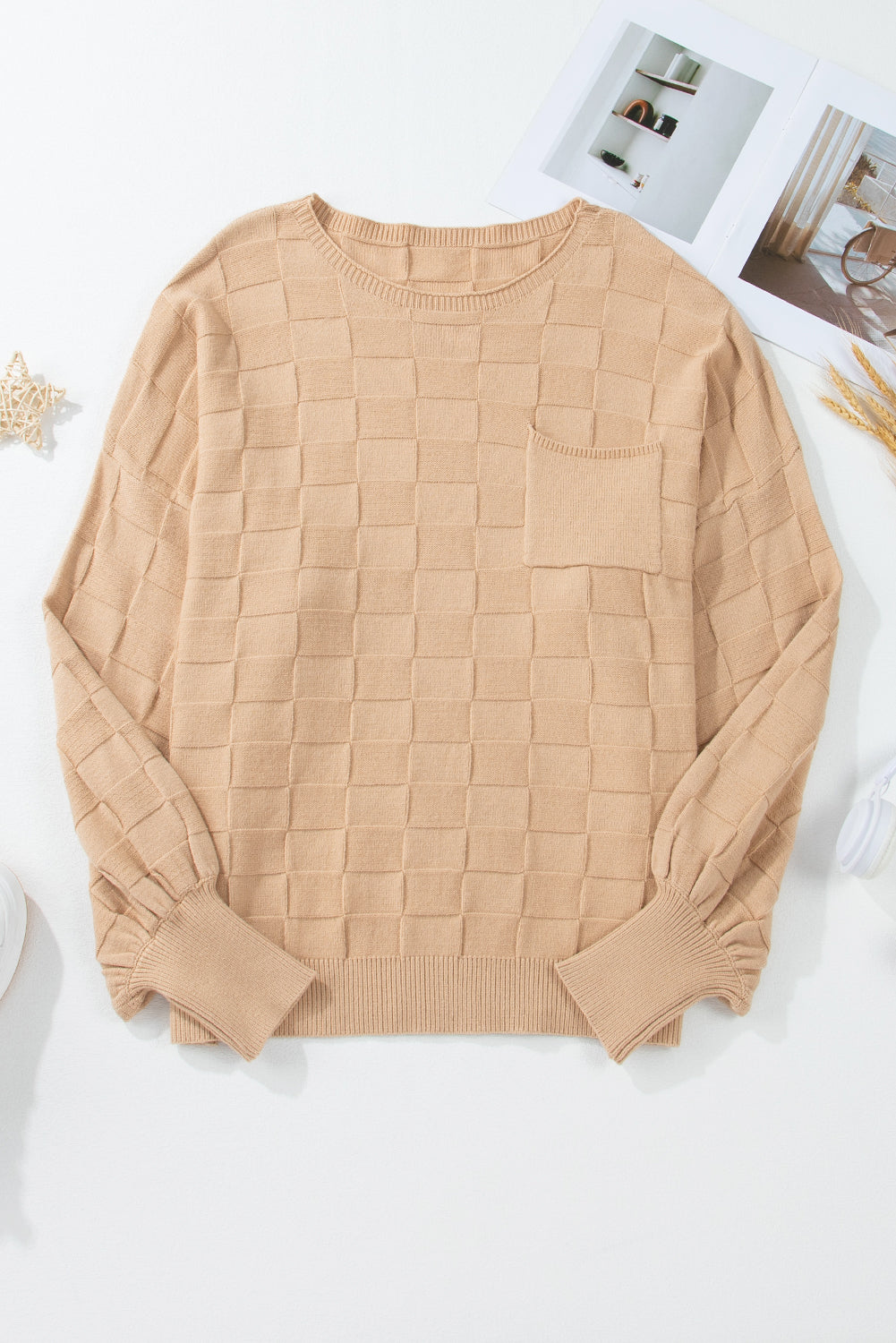 Light French Beige Solid Checkered Textured Knit Plus Size Sweater Top Kittybear Krafts